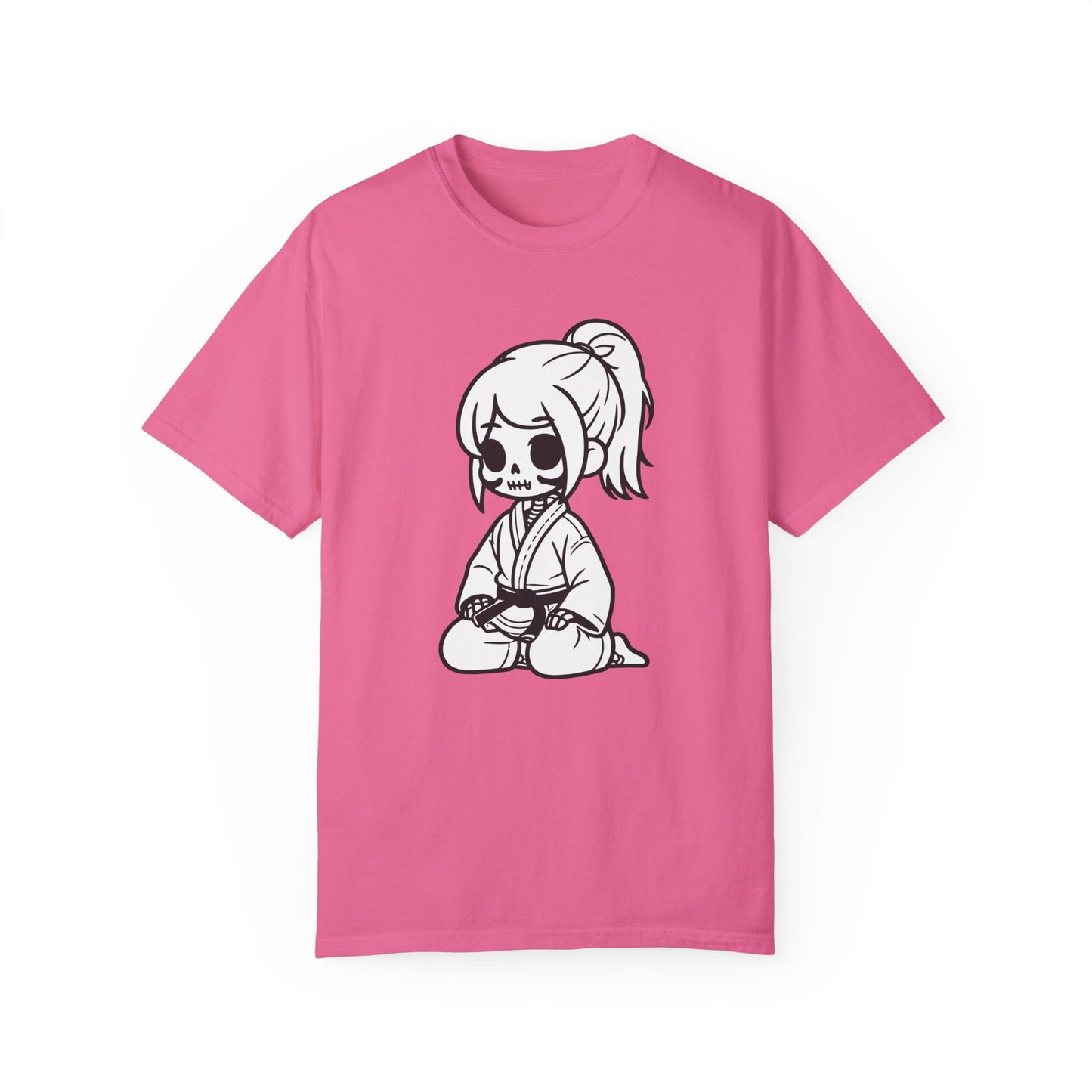 Front view of a Crunchberry colored, cotton t-shirt with a design of a skeleton girl wearing a jiu jitsu gi. Wrapped around the girl's waist is a black belt.