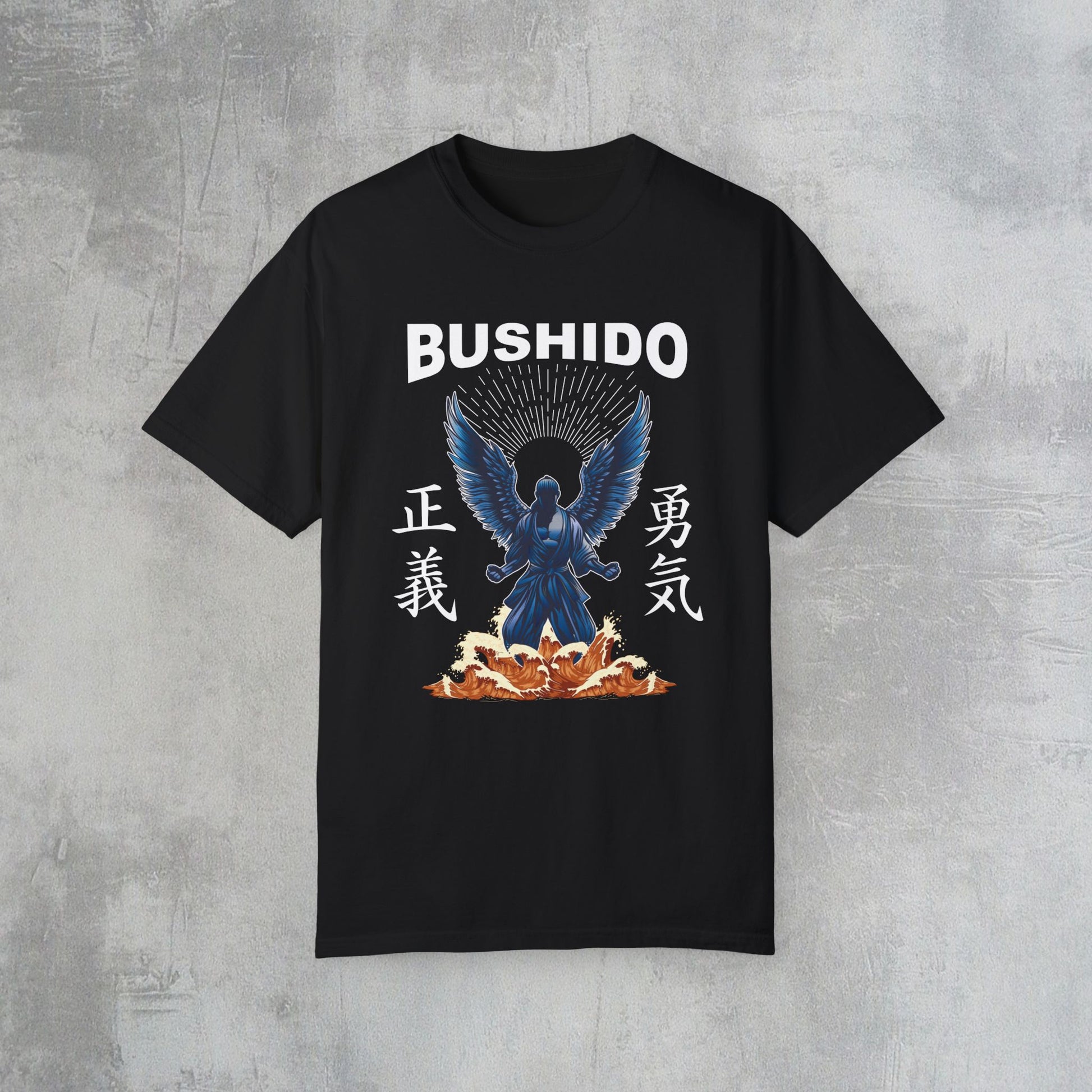 Black cotton t-shirt with an illustration of a martial artist with angel wings. The text above the design reads "Bushido", and the kanji on the left and right sides are translated to English as "Justice" and "Courage".