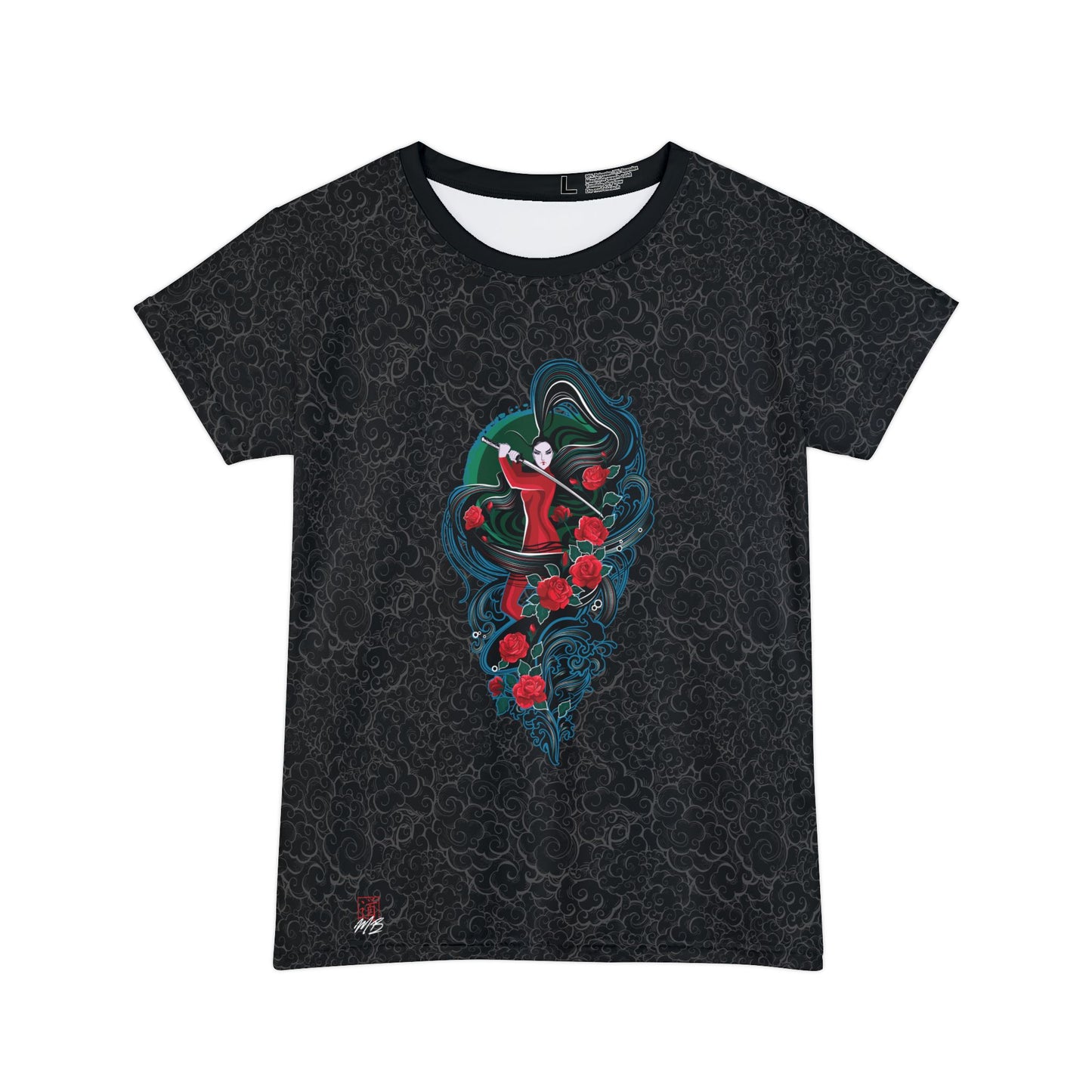 Black, women's t-shirt with a light background pattern. Printed on the center chest area is an illustration of a female warrior holding a katana sword.