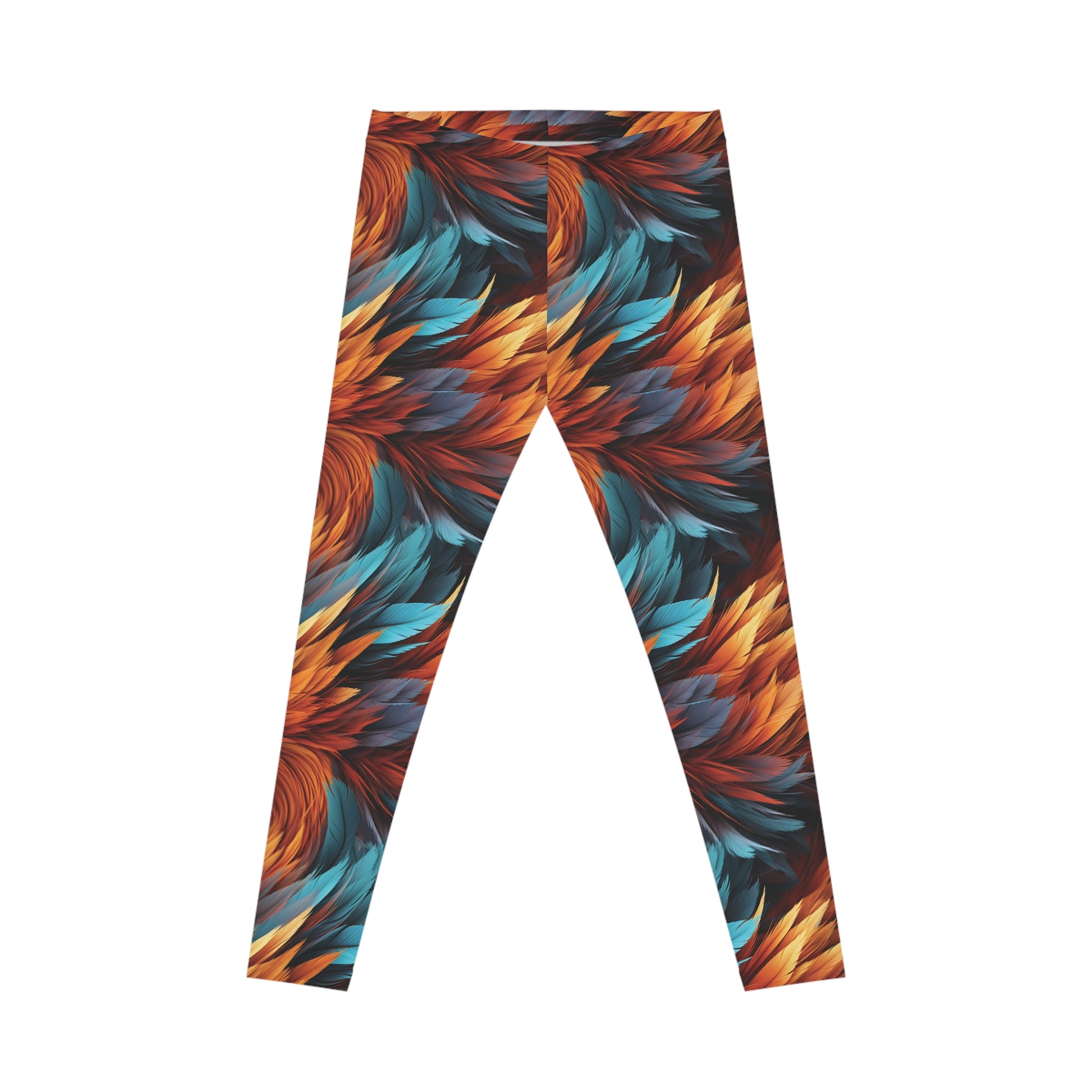 Front view of aqua and orange colored, feather print low rise leggings, set against a white background.