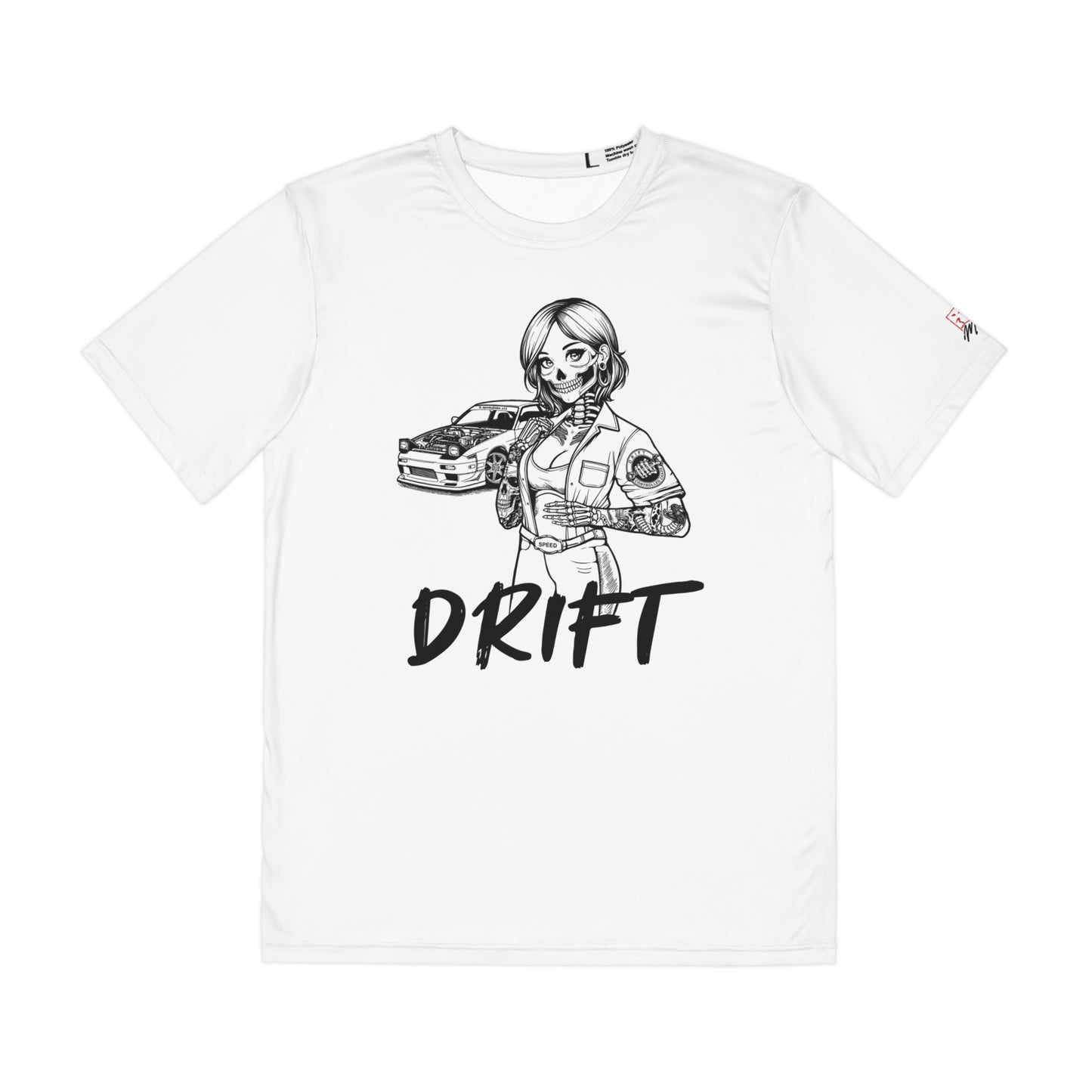 Men's white polyester t-shirt with a design of a female skeleton dressed as a mechanic. The mechanic is standing next to her car with the word "Drift" written underneath.