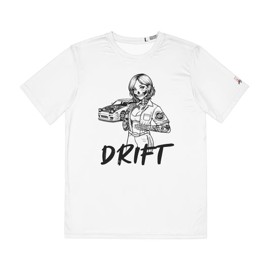 Men's white polyester t-shirt with a design of a female skeleton dressed as a mechanic. The mechanic is standing next to her car with the word "Drift" written underneath.