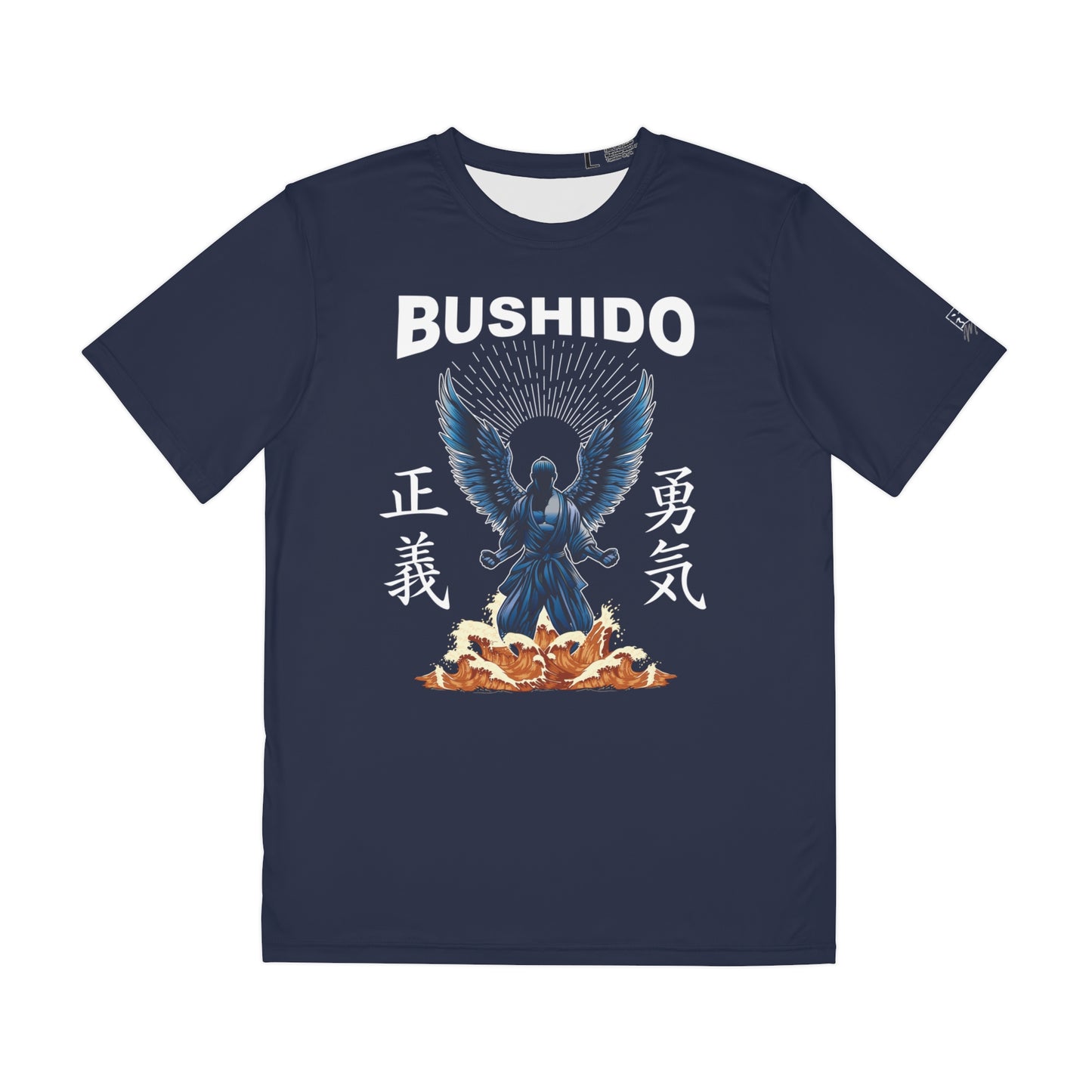 Navy colored polyester t-shirt with an illustration of a martial artist with angel wings. The text above the design reads "Bushido", and the kanji on the left and right sides are translated to English as "Justice" and "Courage".