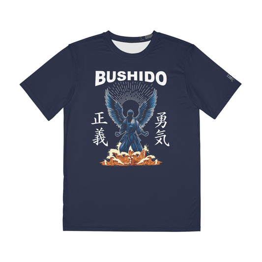 Navy colored polyester t-shirt with an illustration of a martial artist with angel wings. The text above the design reads "Bushido", and the kanji on the left and right sides are translated to English as "Justice" and "Courage".