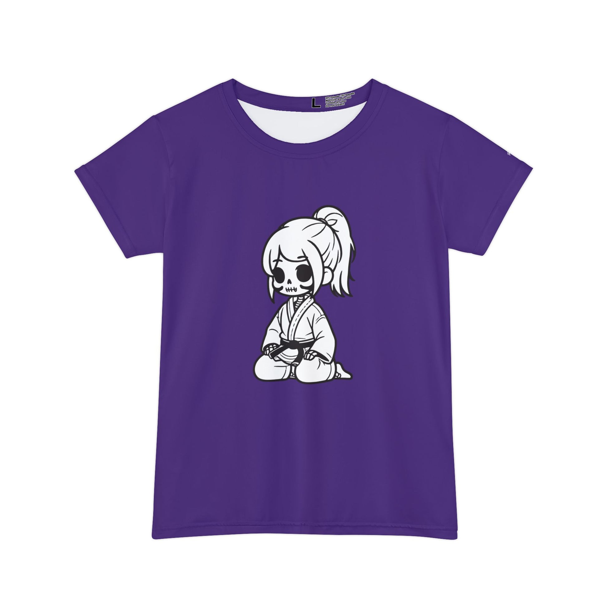 Front view of a purple, polyester blend t-shirt with a design of a skeleton girl wearing a jiu jitsu gi and black belt on the front.