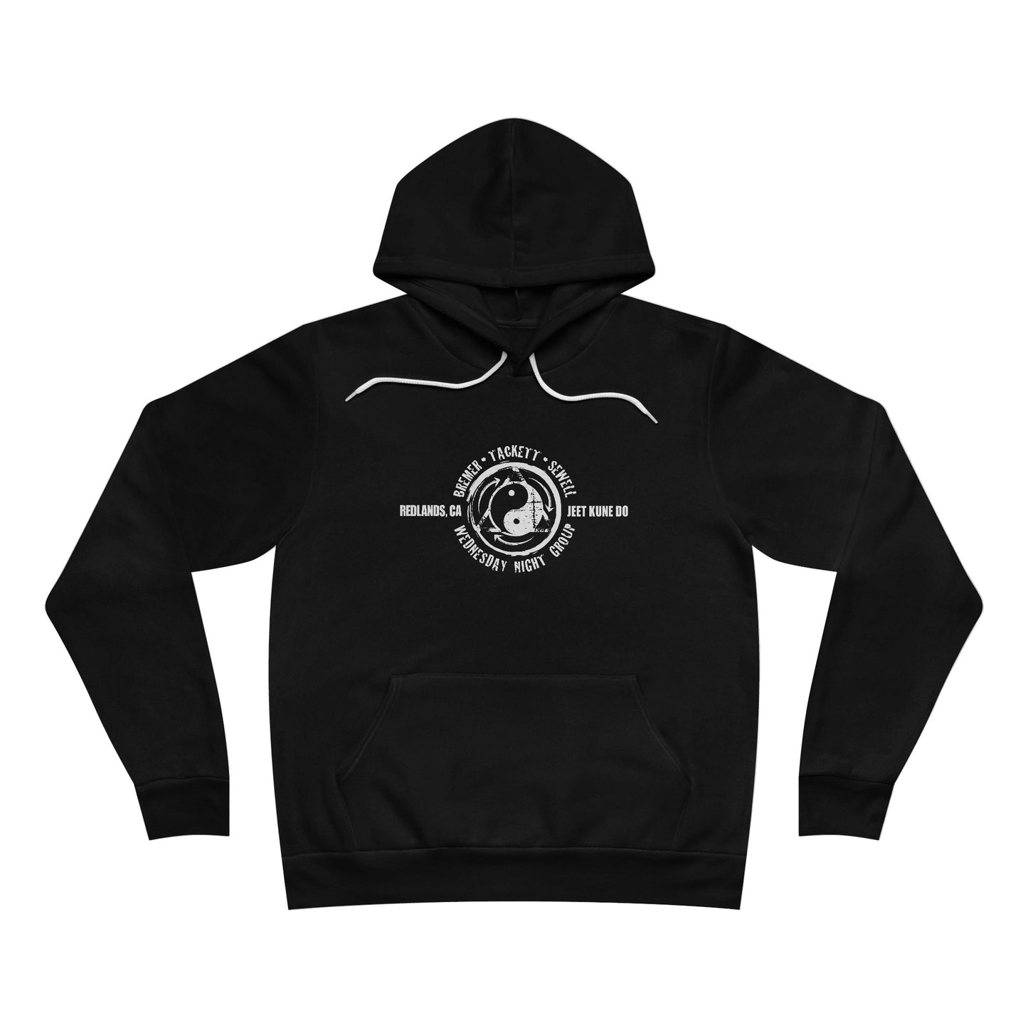 Front view of a black sponge fleece pullover hoodie, with the JKD Wednesday Night Group logo on the chest.