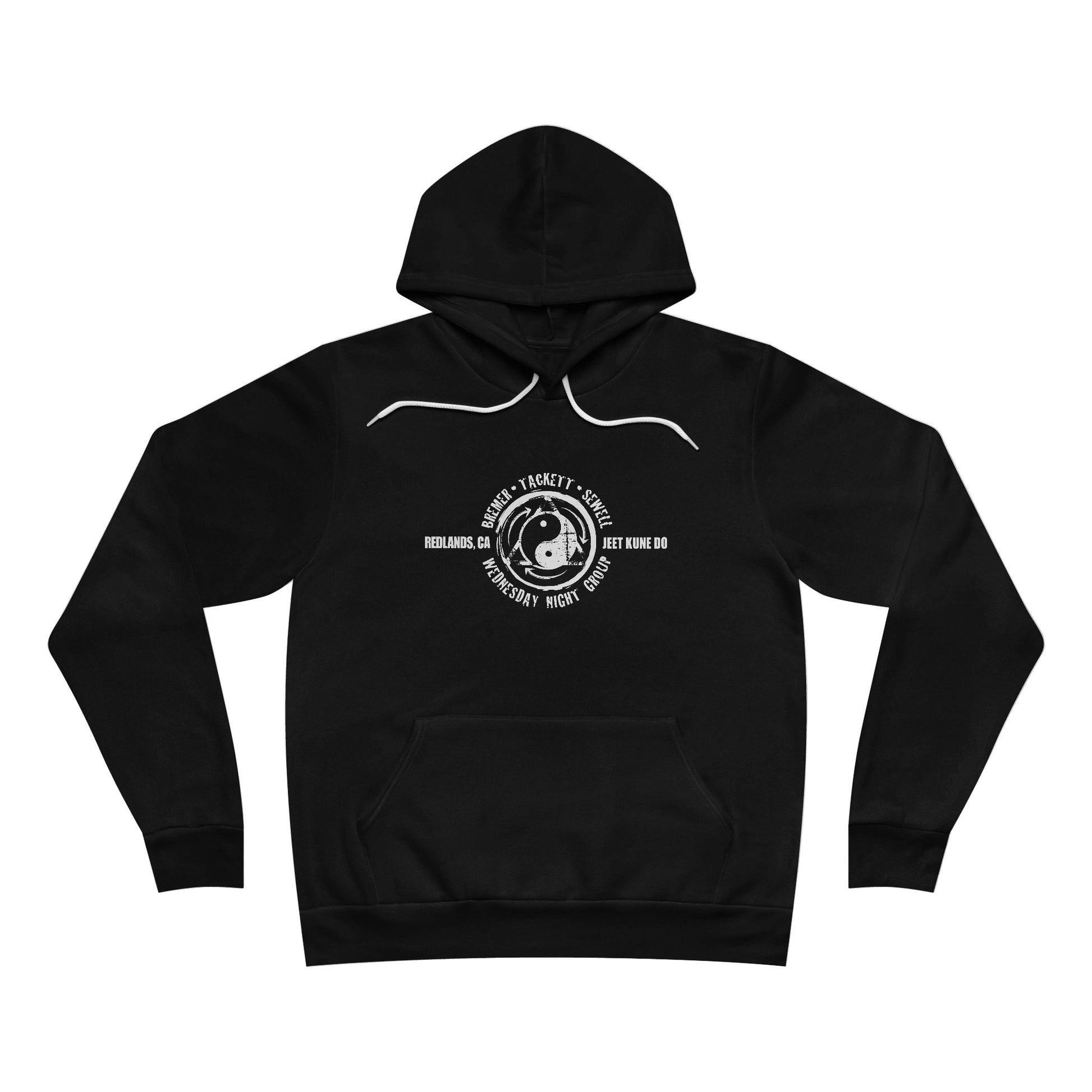 Front view of a black sponge fleece pullover hoodie, with the JKD Wednesday Night Group logo on the chest.