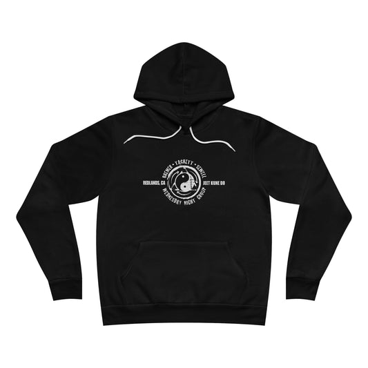 Front view of a black sponge fleece pullover hoodie, with the JKD Wednesday Night Group logo on the chest.