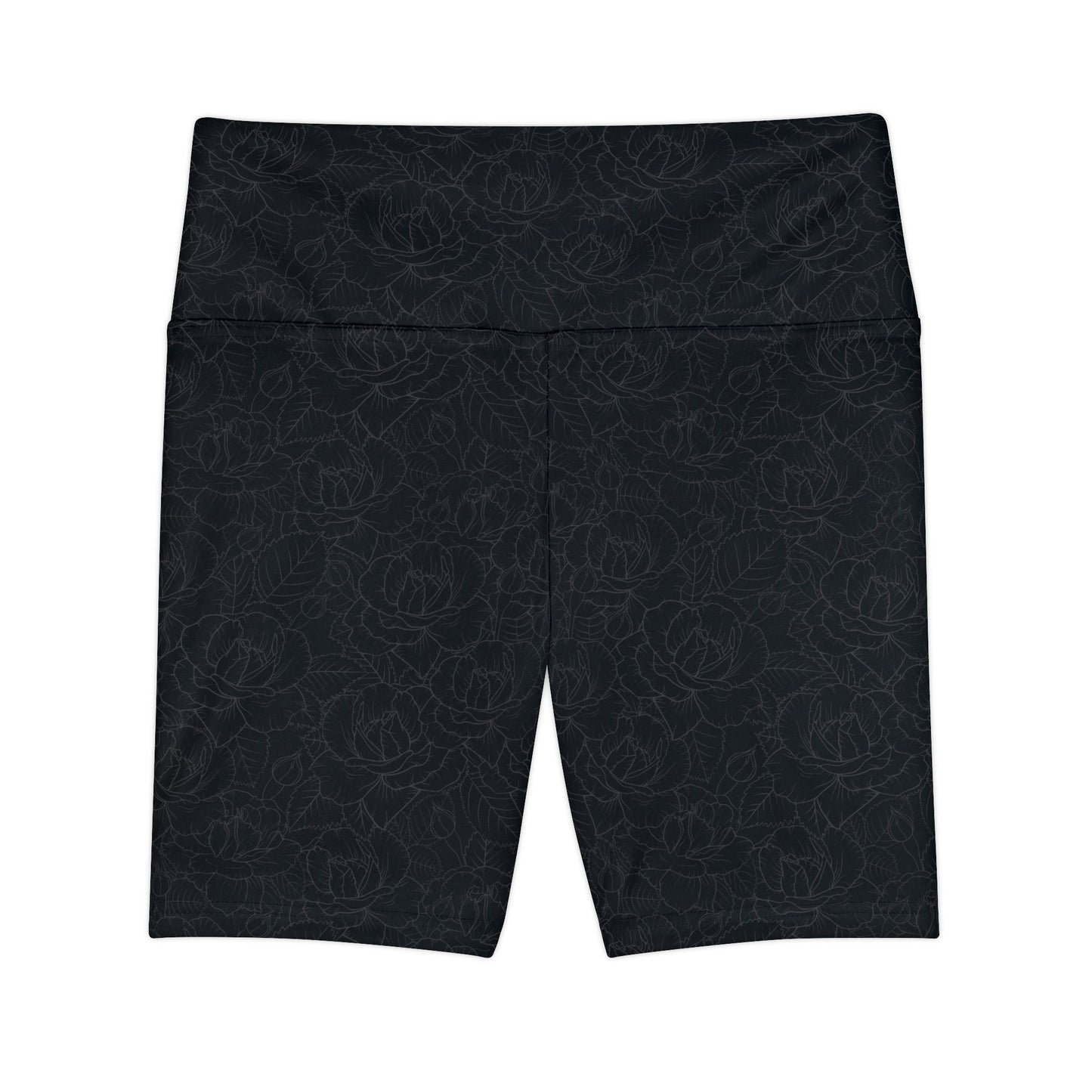 Front view of black, floral-patterned gym shorts with a high waist.