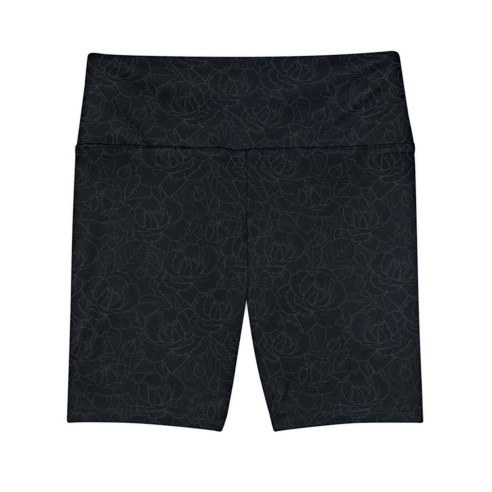 Front view of black, floral-patterned gym shorts with a high waist.