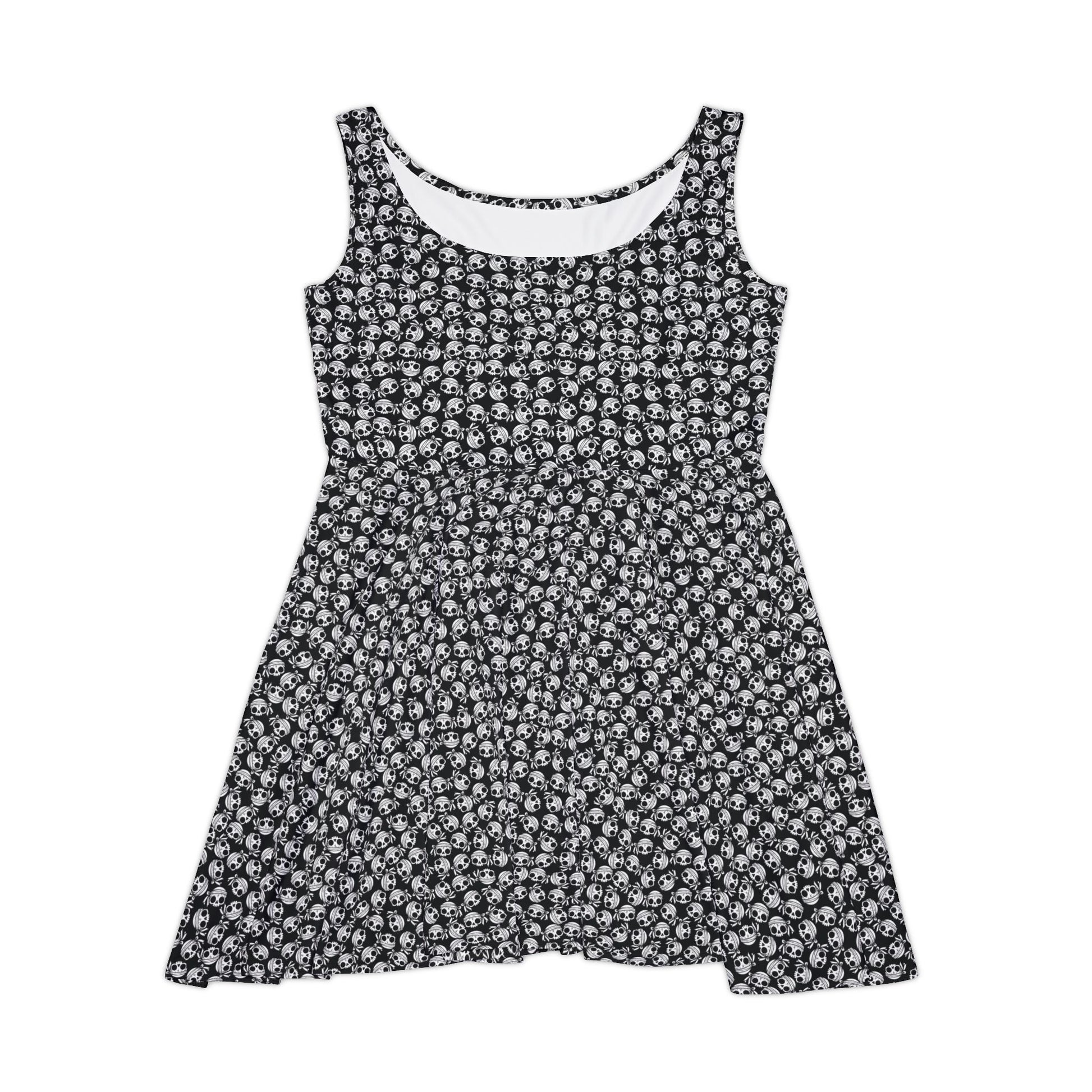 Front view of a skull-patterned, polyester/spandex blend skater dress.