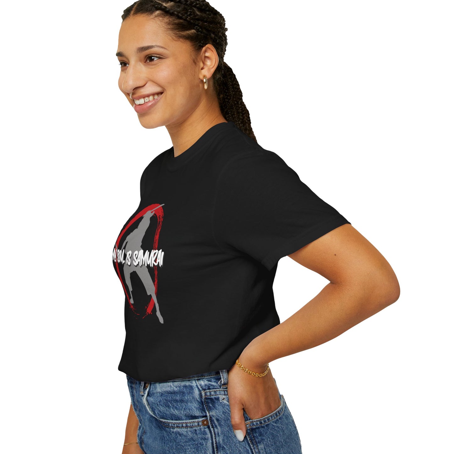 Left side view of a woman wearing a black cotton t-shirt, with a samurai design on the front.