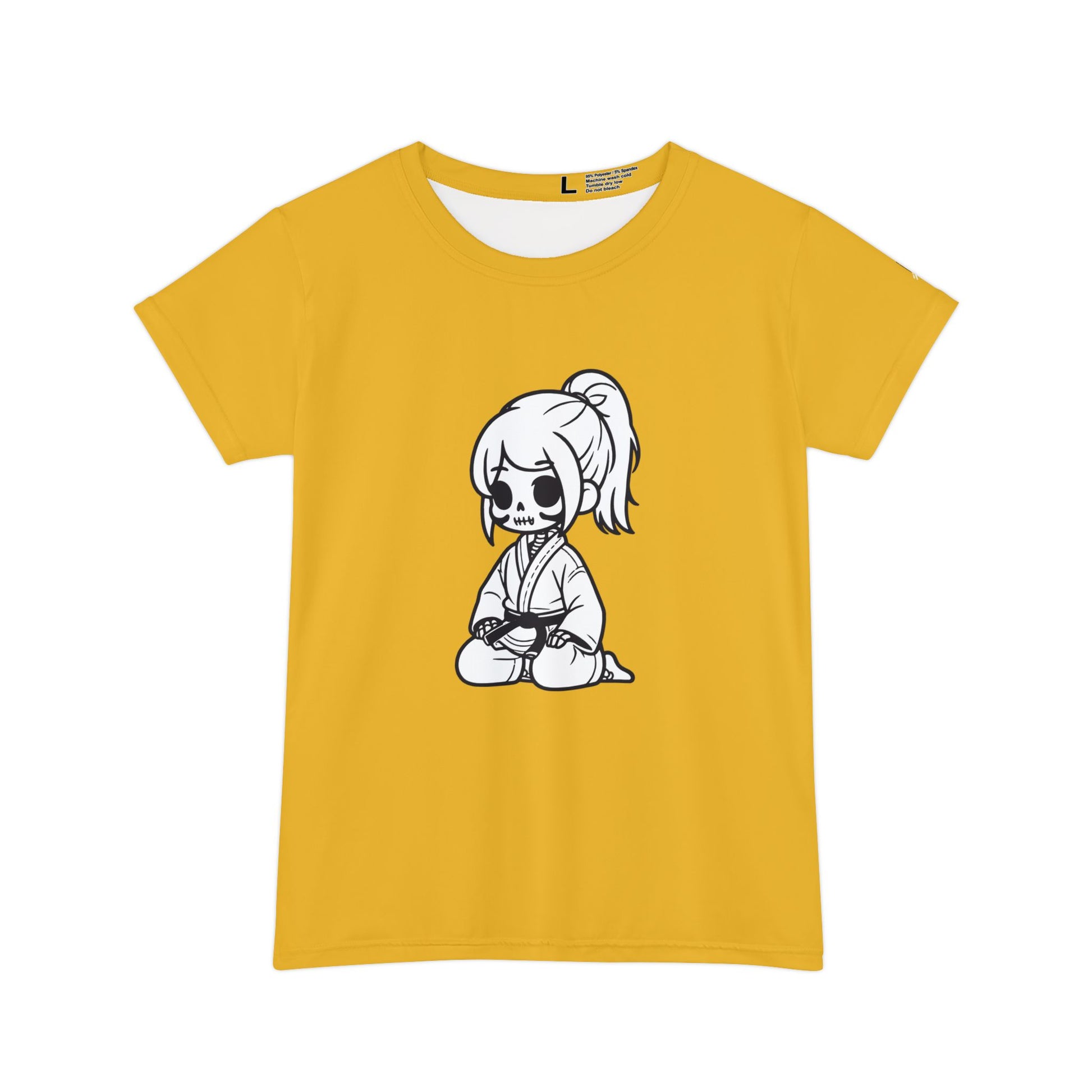 Front view of a yellow polyester blend t-shirt, with a design of a skeleton girl wearing a jiu jitsu gi and black belt on the front.