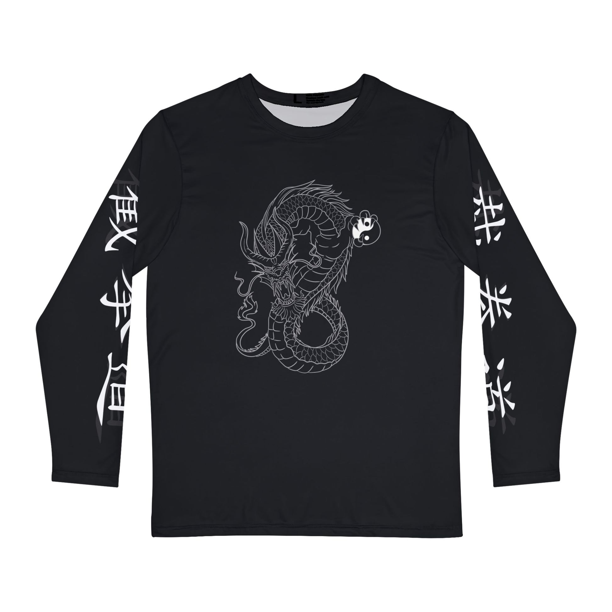 Front view of a black, polyester long sleeve t-shirt, with a design of a dragon on the chest. Jeet Kune Do is written vertically on both sleeves in Chinese characters.