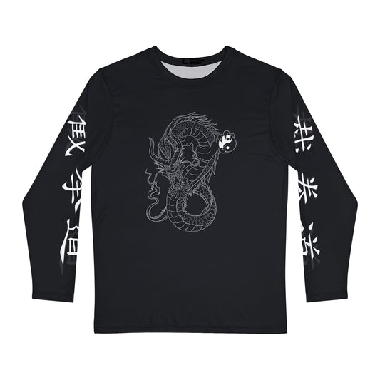 Front view of a black, polyester long sleeve t-shirt, with a design of a dragon on the chest. Jeet Kune Do is written vertically on both sleeves in Chinese characters.