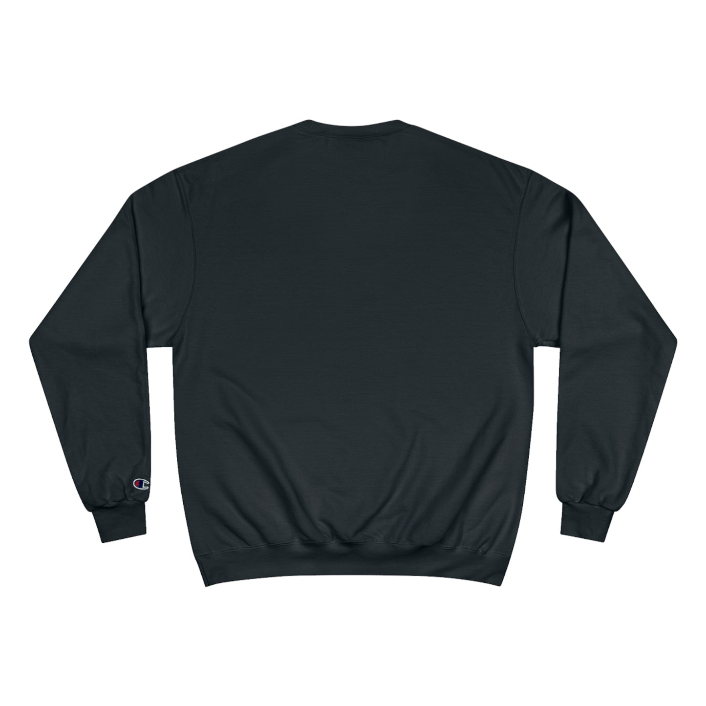 Back view of a black, Champion brand sweatshirt.