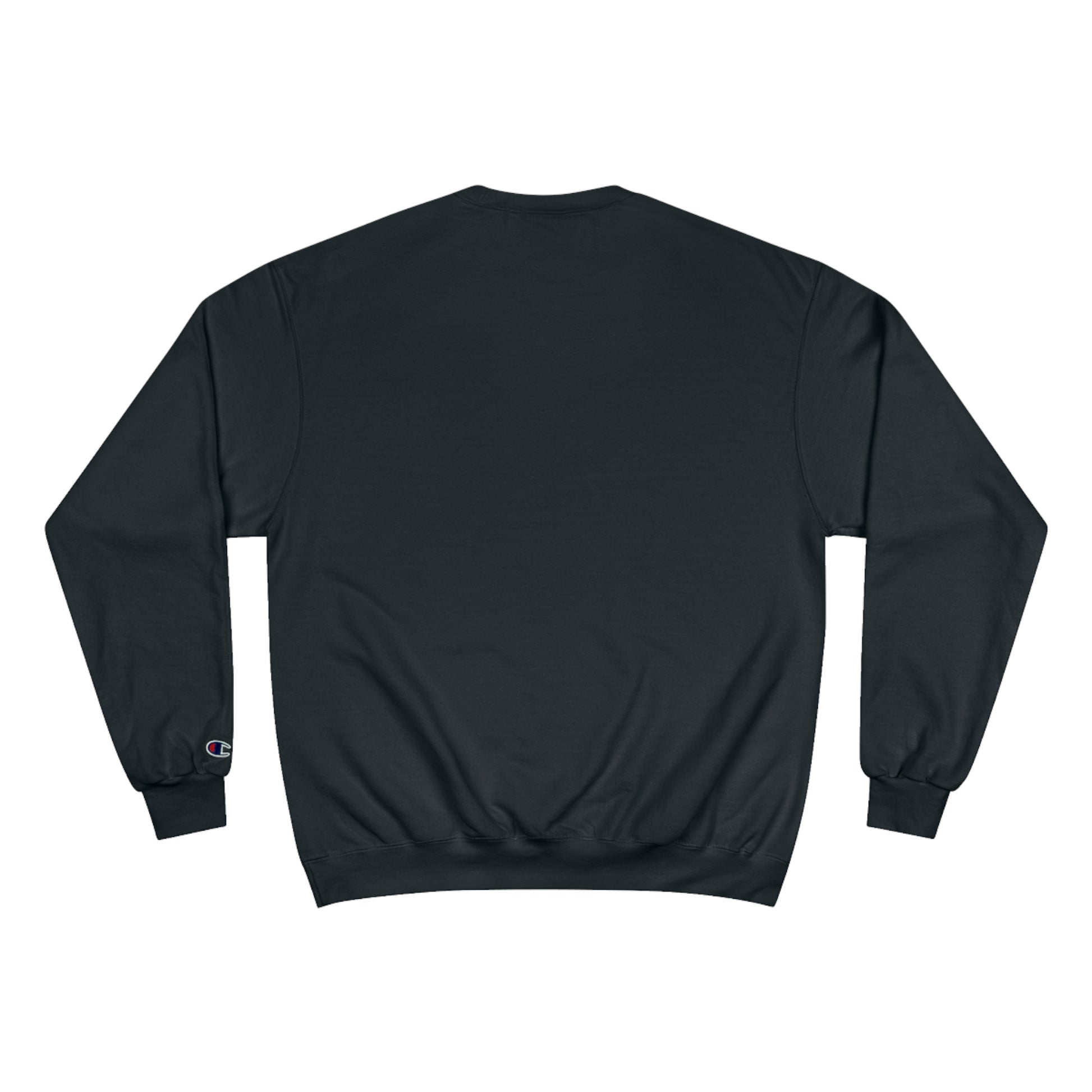 Back view of a black, Champion brand sweatshirt.