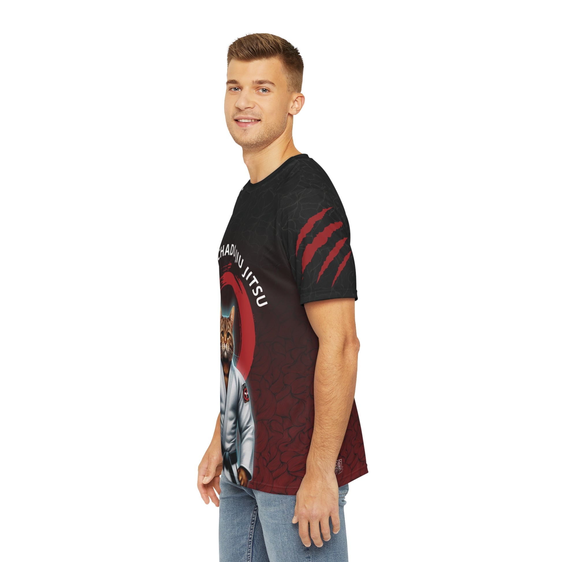 Left side view of a man wearing a black and red polyester, all over print t-shirt, with an illustration of a cat wearing a Jiu Jitsu gi and black belt on the front.