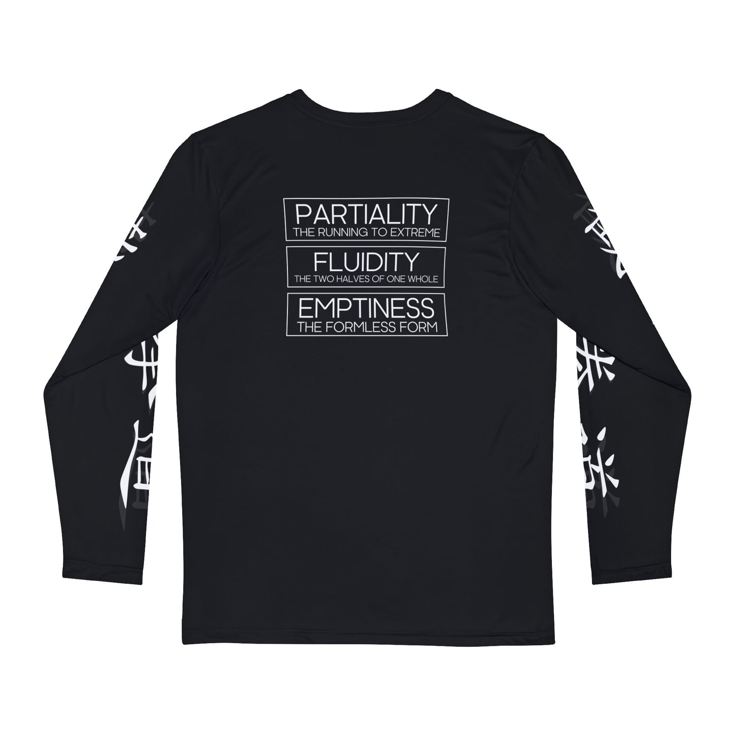 Back view of a black, polyester long sleeve t-shirt, with the words "Partiality", "Fluidity", and "Emptiness" printed on the upper back area.