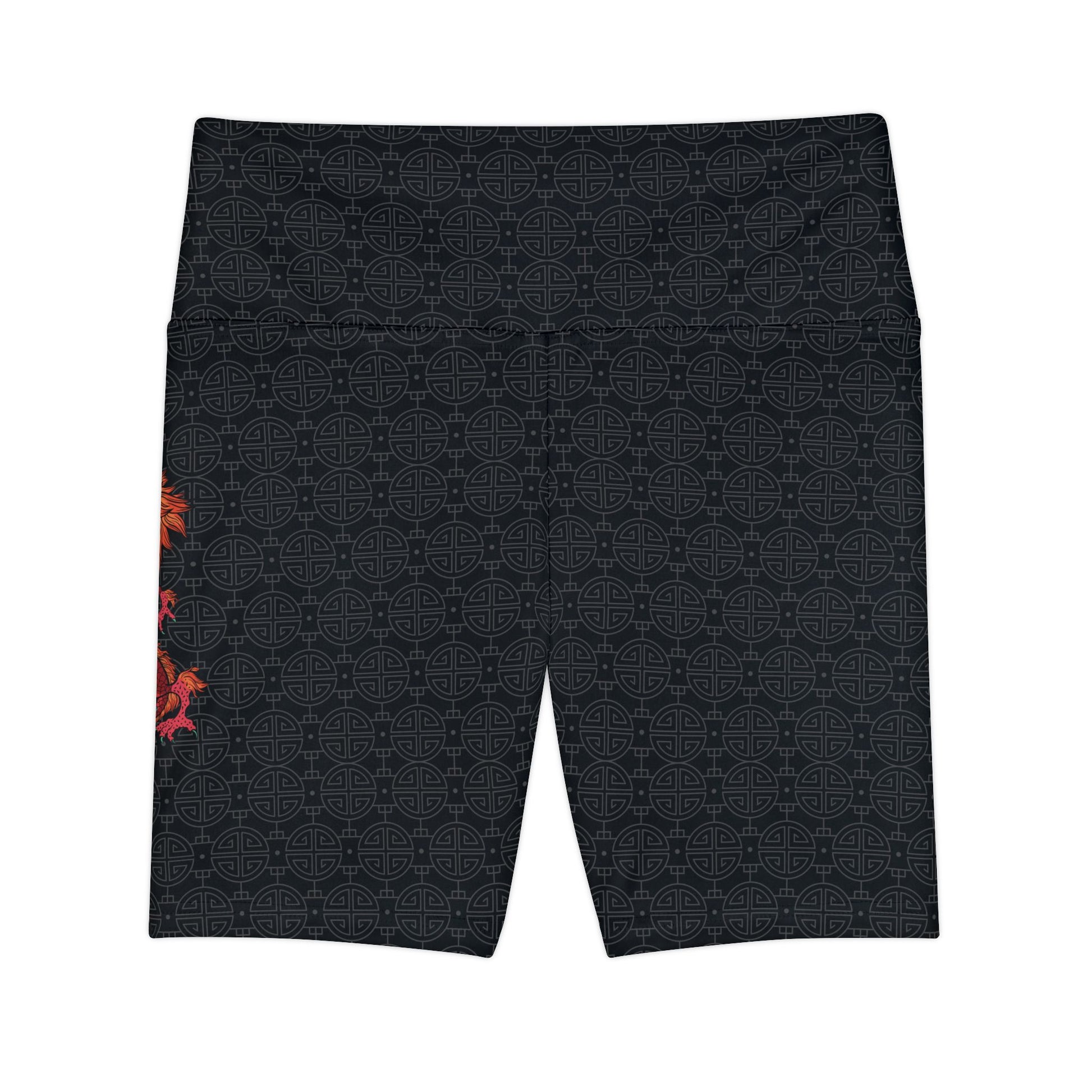 Front view of black, patterned gym shorts.