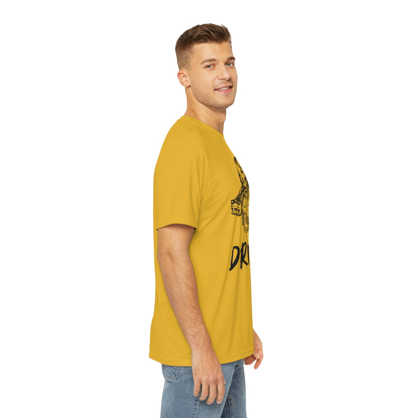 Right side view of a man wearing a yellow polyester t-shirt, with a design of a female skeleton dressed as a mechanic printed on the front.