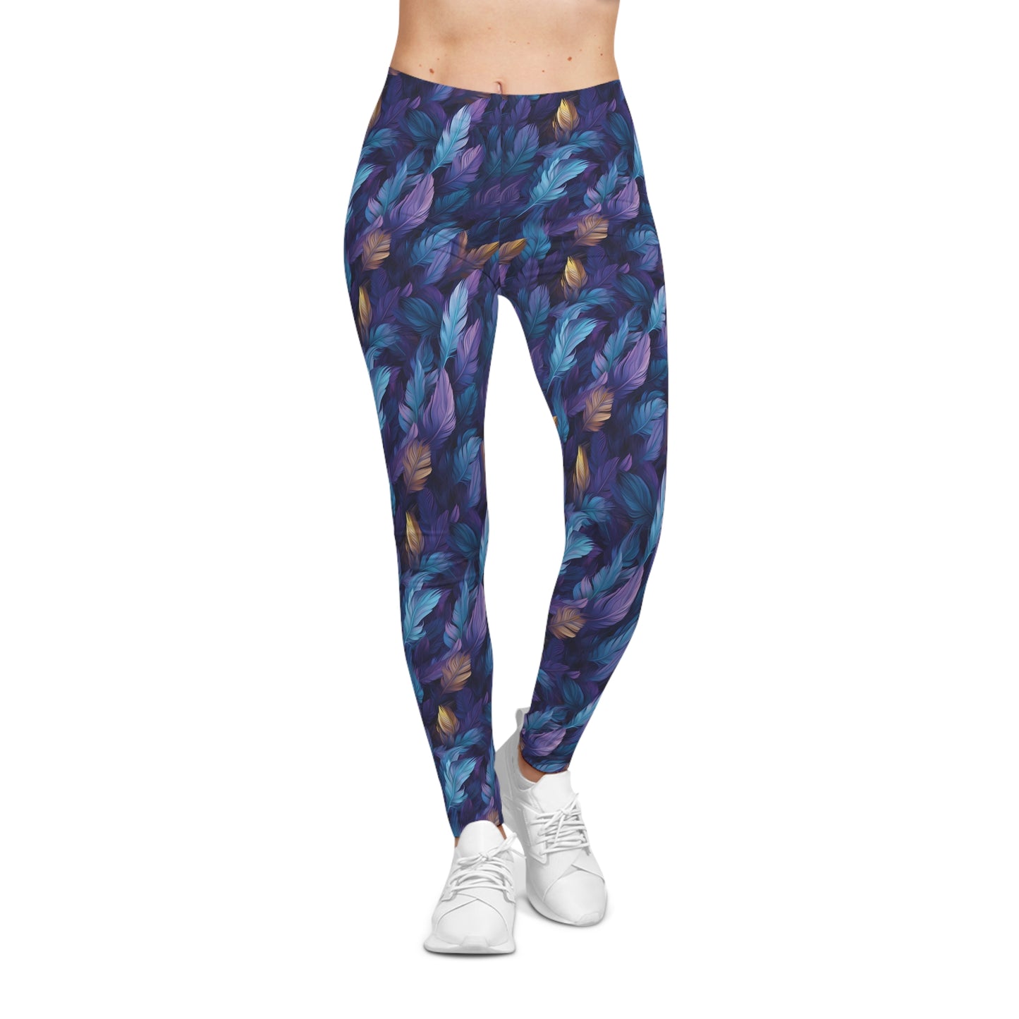 Alternate front view of a woman wearing low rise leggings, with a blue and purple feather print, set against a white background.