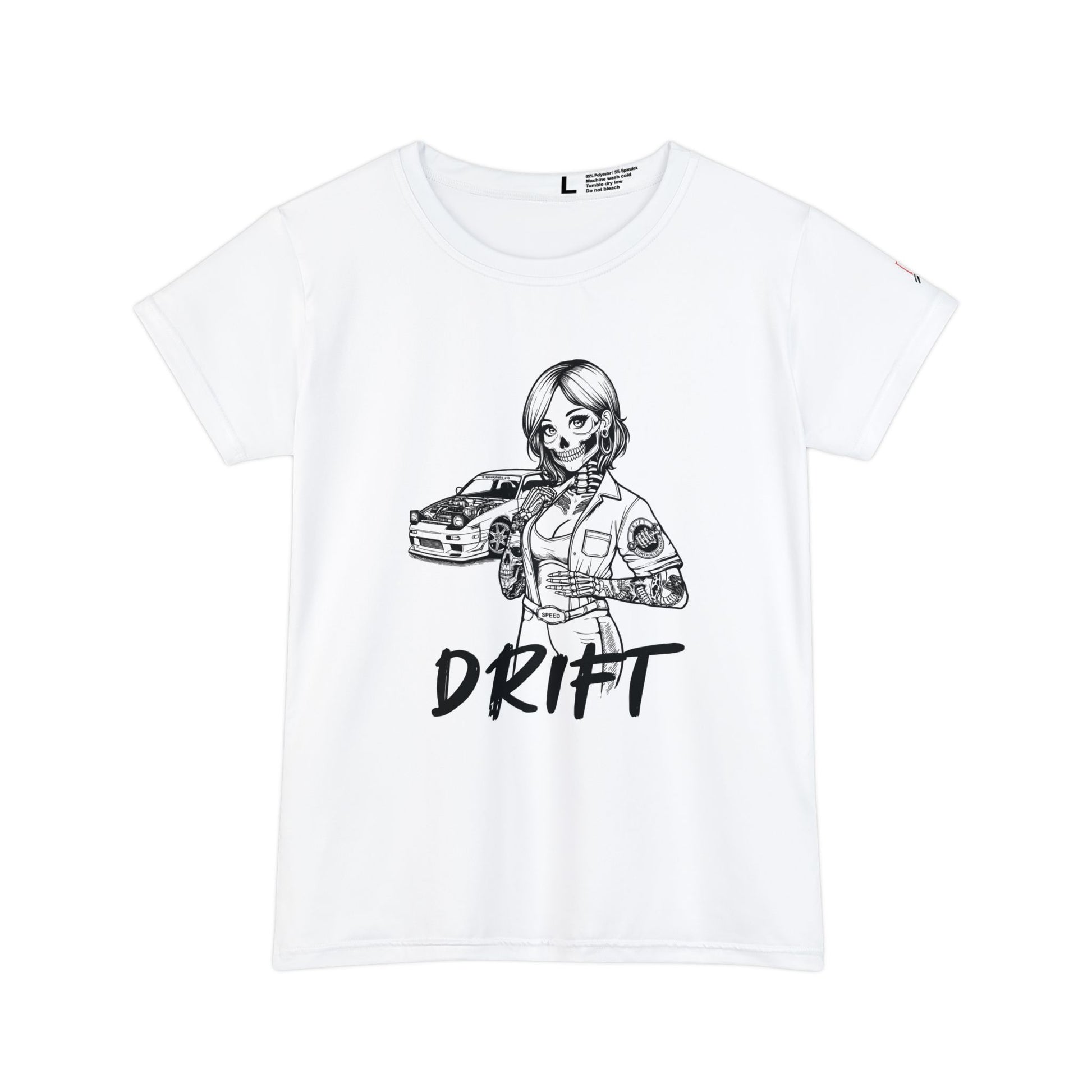 Women's white, polyester blend t-shirt, with a design of a female skeleton dressed as a mechanic. The mechanic is standing next to her car with the word "Drift" written underneath.