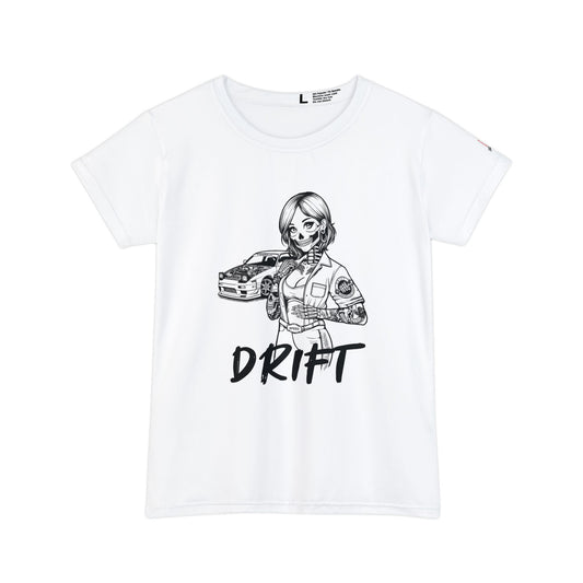 Women's white, polyester blend t-shirt, with a design of a female skeleton dressed as a mechanic. The mechanic is standing next to her car with the word "Drift" written underneath.