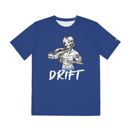 Men's dark blue polyester t-shirt with a design of a female skeleton dressed as a mechanic. The mechanic is standing next to her car with the word "Drift" written underneath.