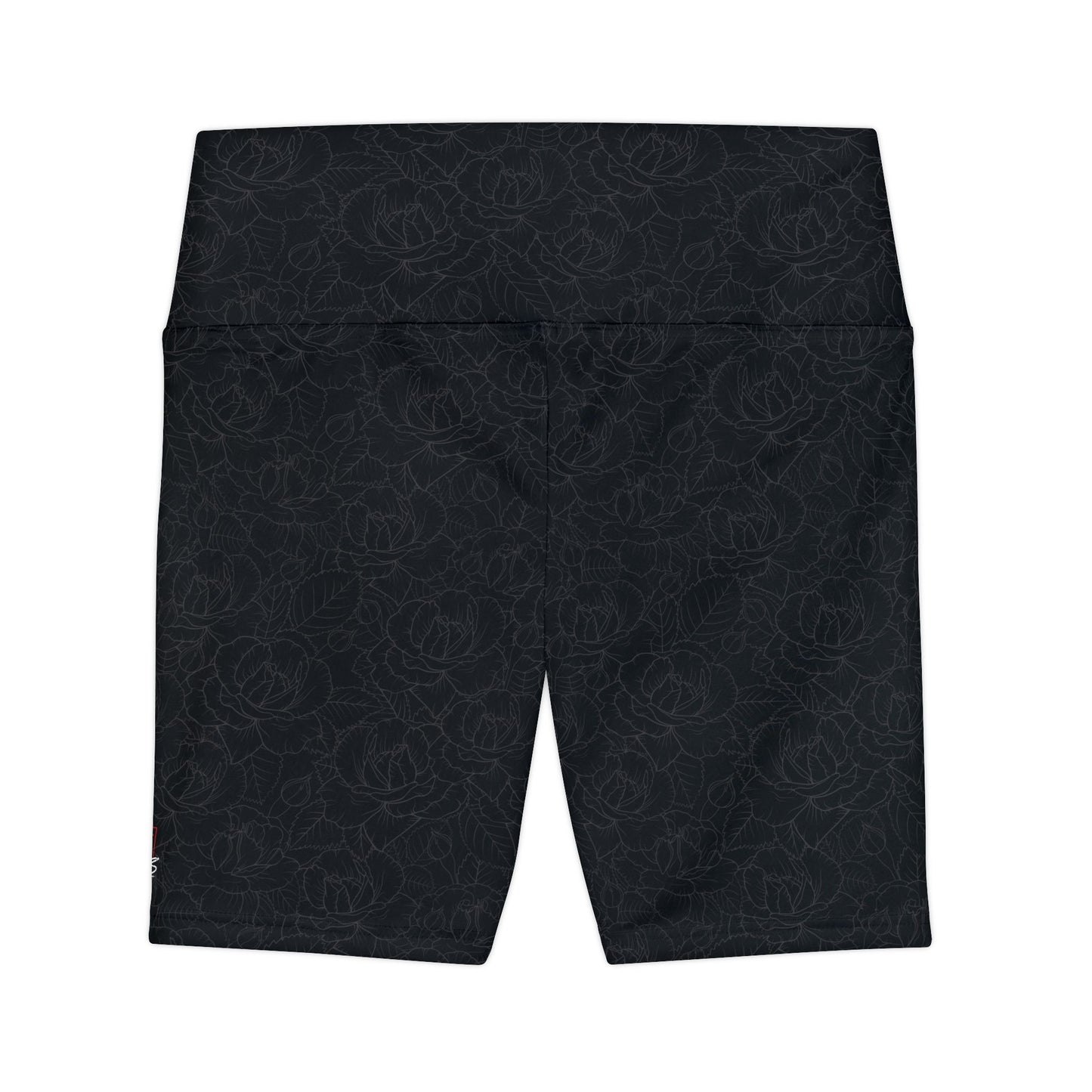 Back view of black, floral-patterned gym shorts with a high waist.