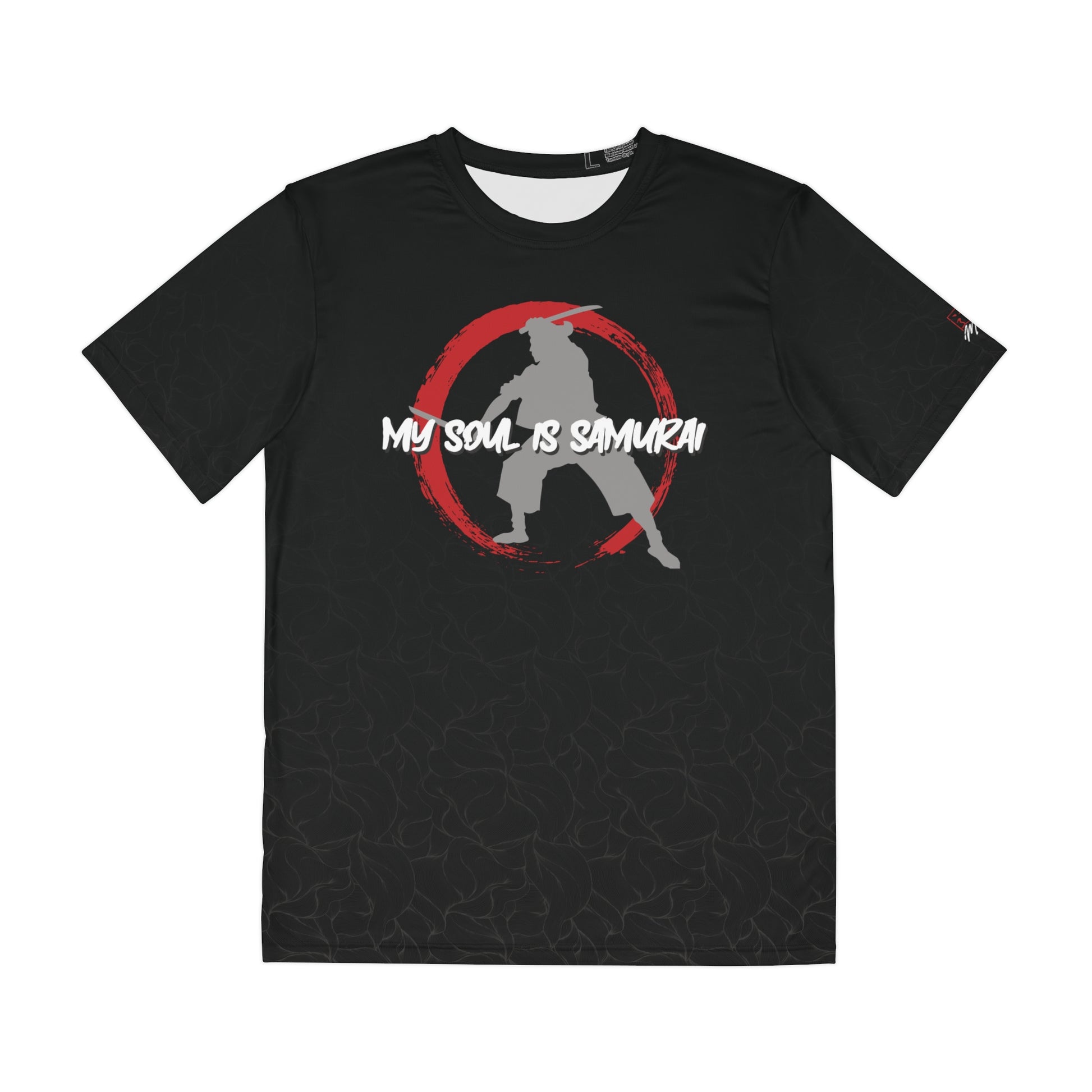 Front view of a black, polyester t-shirt with an enso symbol on the chest. Inside of the enso circle is a silhouette image of Miyamoto Musashi wielding two swords. Printed over both images is text that reads, "My soul is samurai".