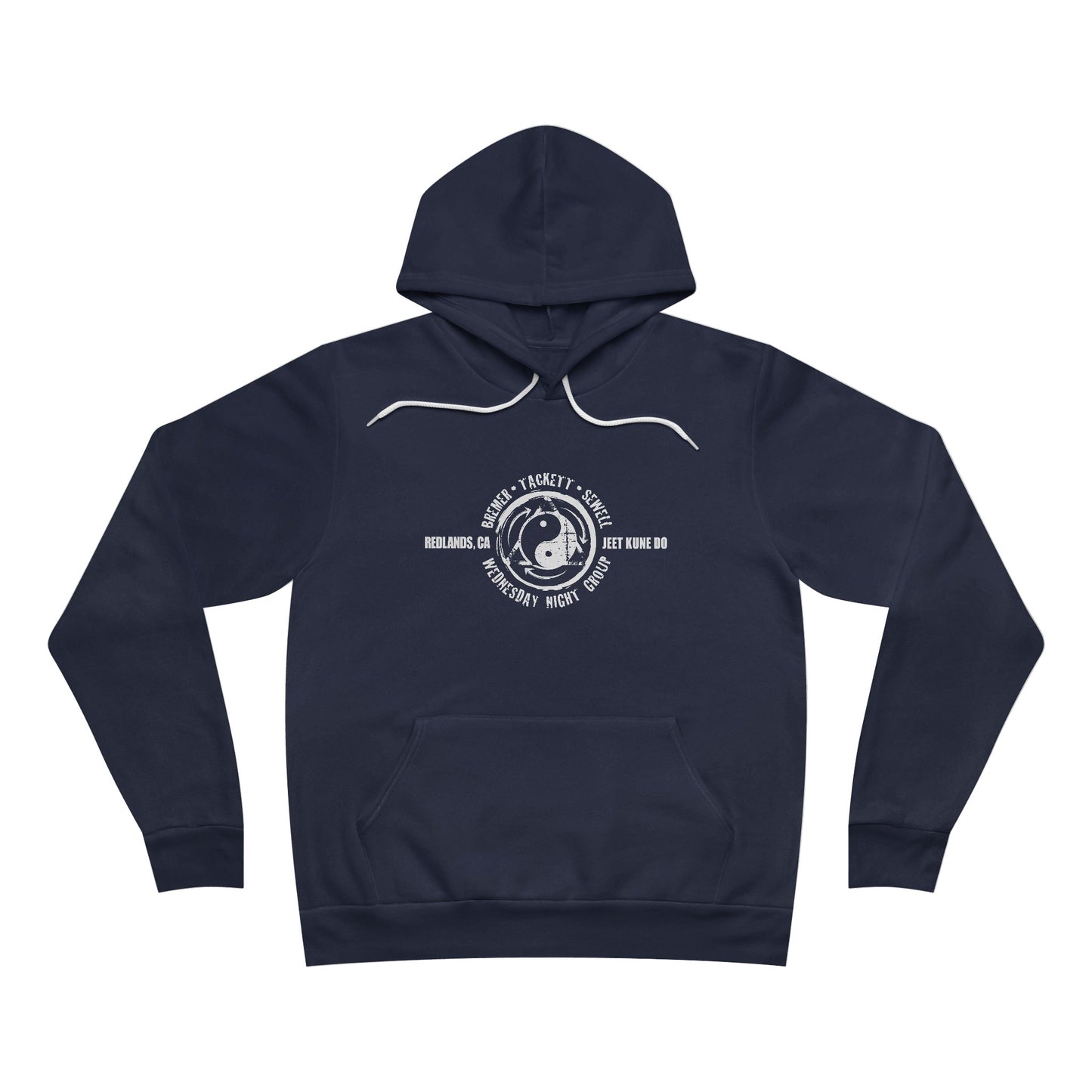 Front view of a navy blue fleece hoodie, with the JKD Wednesday Night Group logo on the chest.