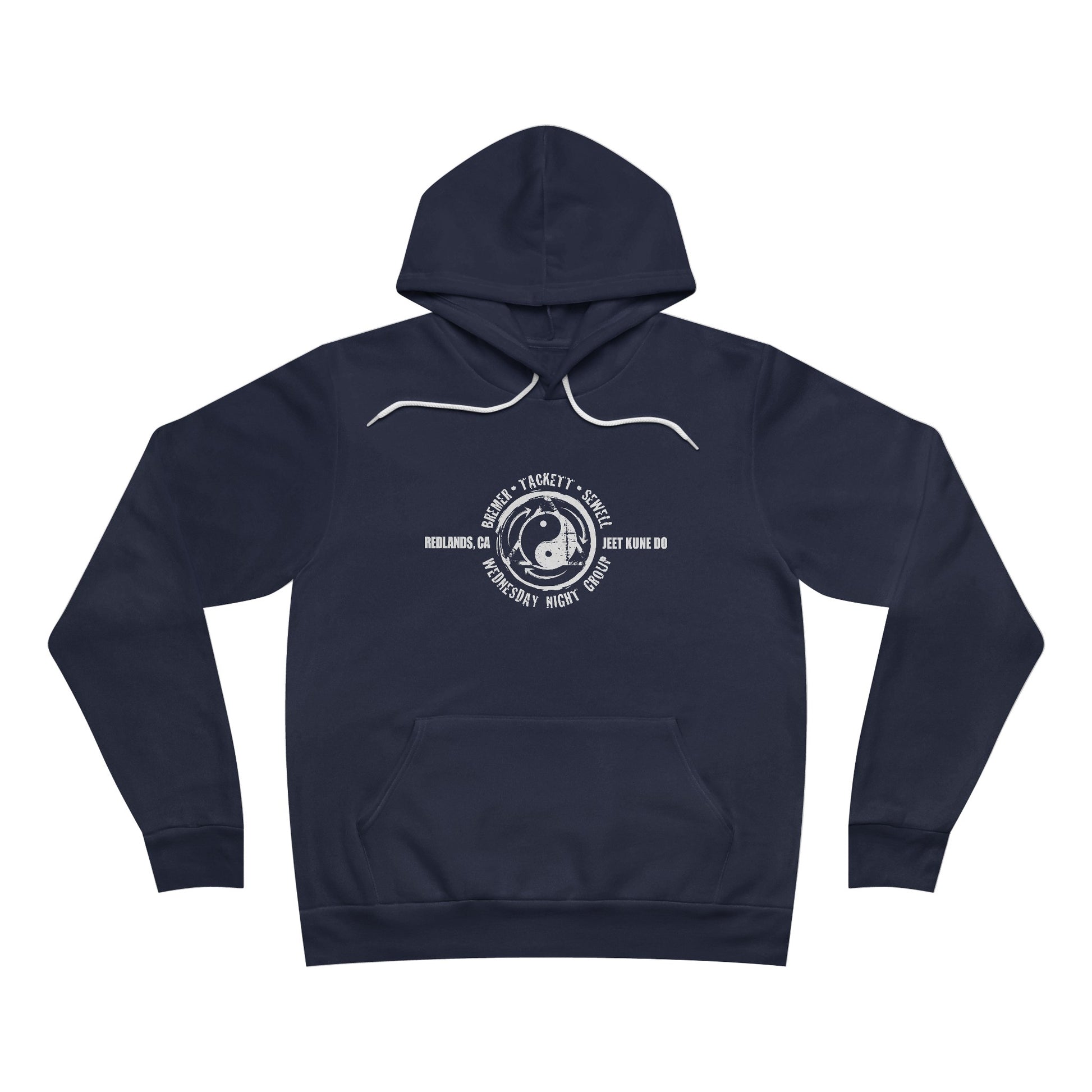 Front view of a navy blue fleece hoodie, with the JKD Wednesday Night Group logo on the chest.