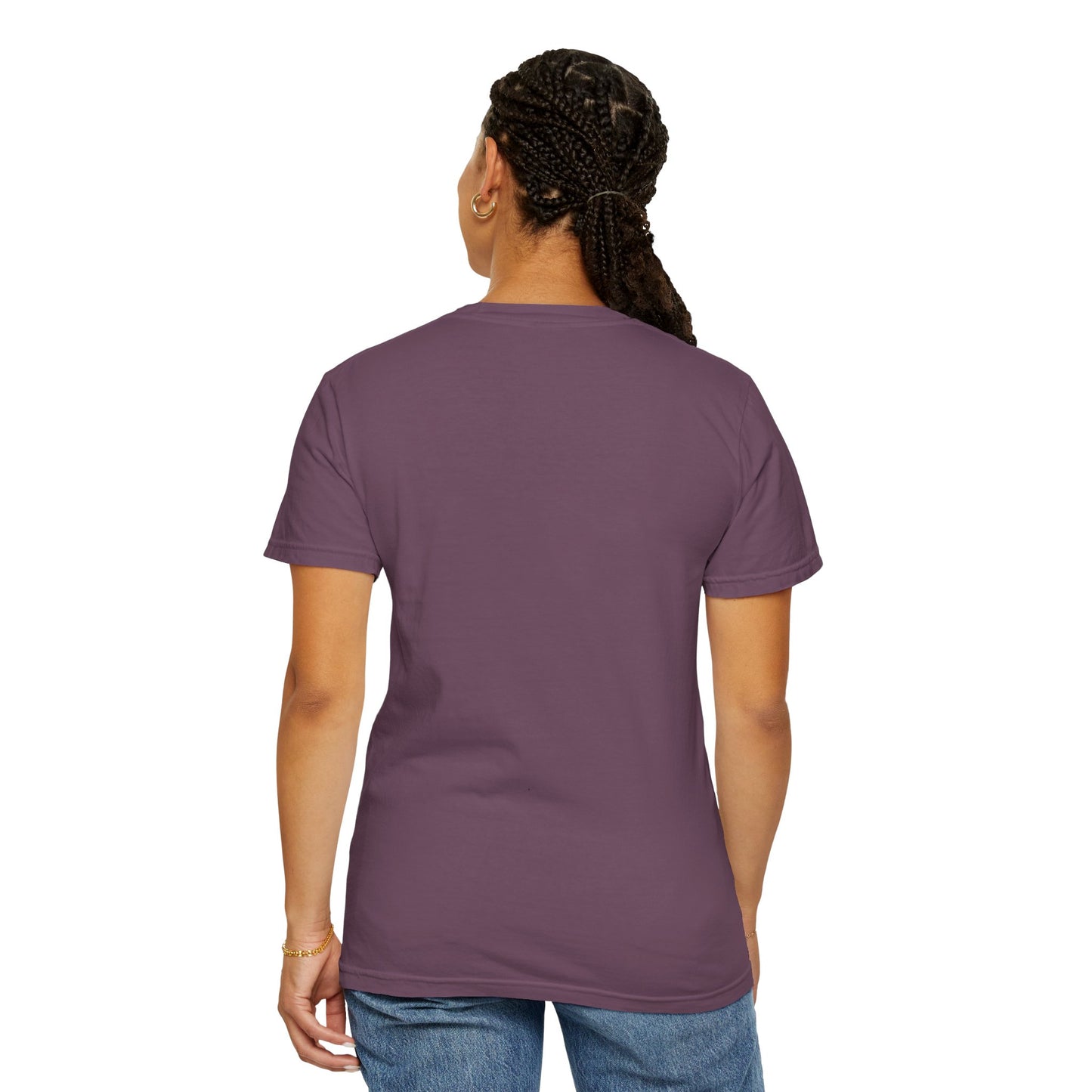 Back view of a woman wearing a t-shirt.