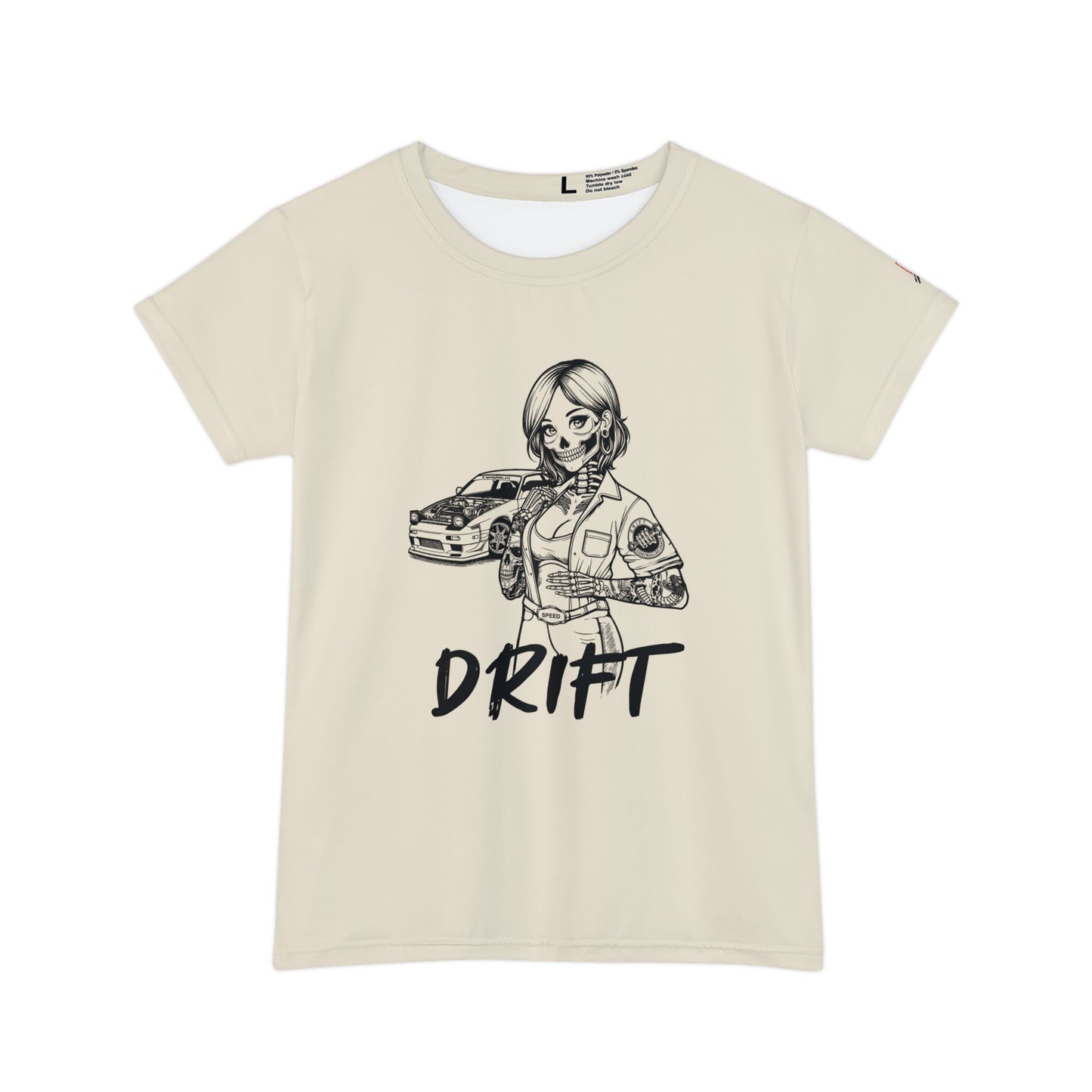 Women's off-white, polyester blend t-shirt, with a design of a female skeleton dressed as a mechanic. The mechanic is standing next to her car with the word "Drift" written underneath.