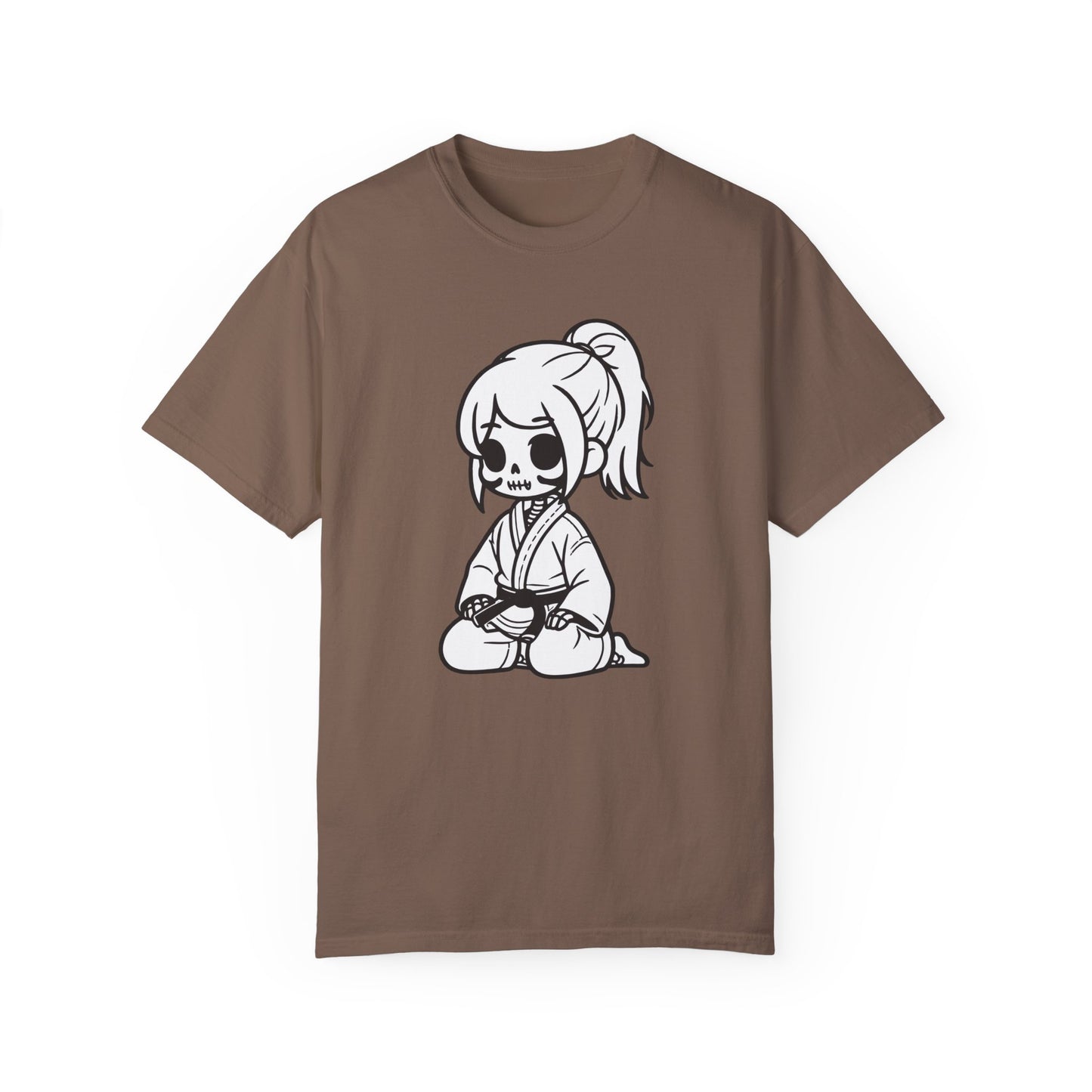 Front view of an Espresso colored cotton t-shirt, with a design of a skeleton girl wearing a jiu jitsu gi. Wrapped around the girl's waist is a black belt.