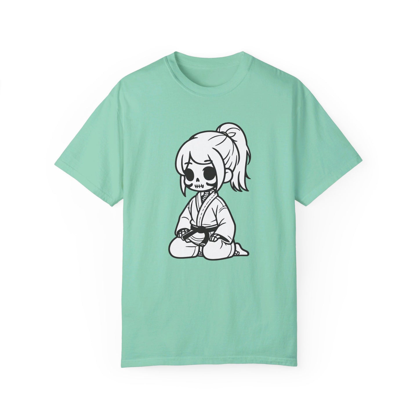 Front view of an Island Reef colored, cotton t-shirt with a design of a skeleton girl wearing a jiu jitsu gi. Wrapped around the girl's waist is a black belt.