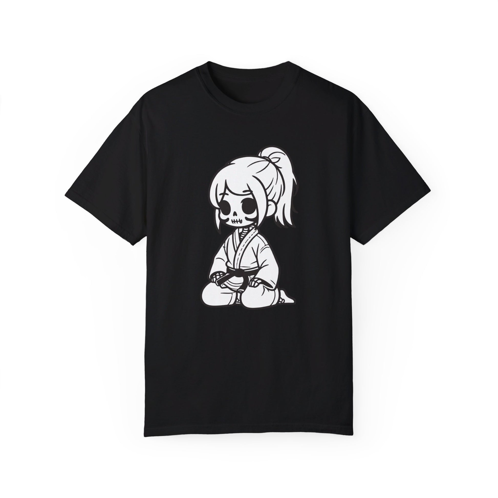 Front view of a black, cotton t-shirt with a design of a skeleton girl wearing a jiu jitsu gi. Wrapped around the girl's waist is a black belt.