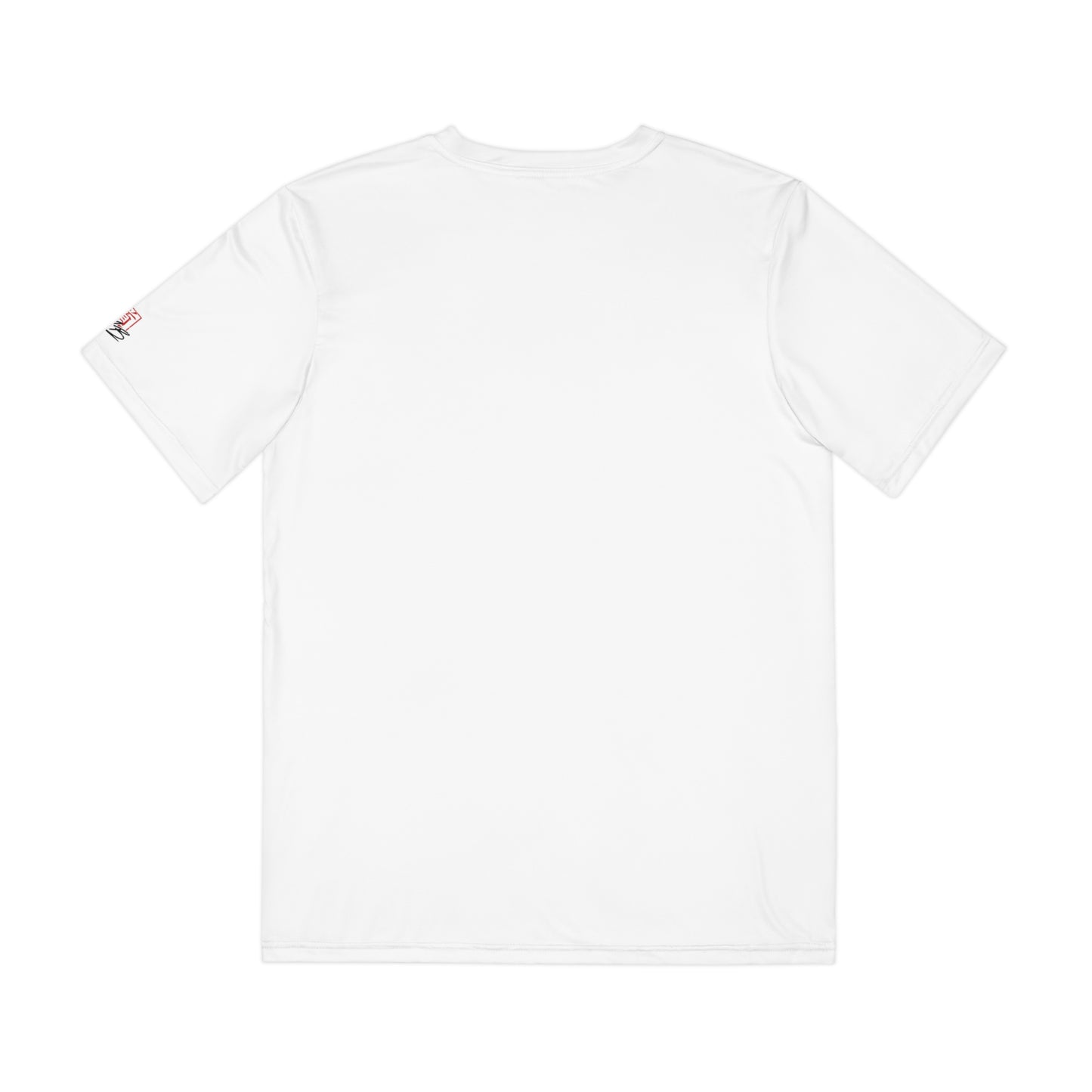 Back view of a white polyester t-shirt.