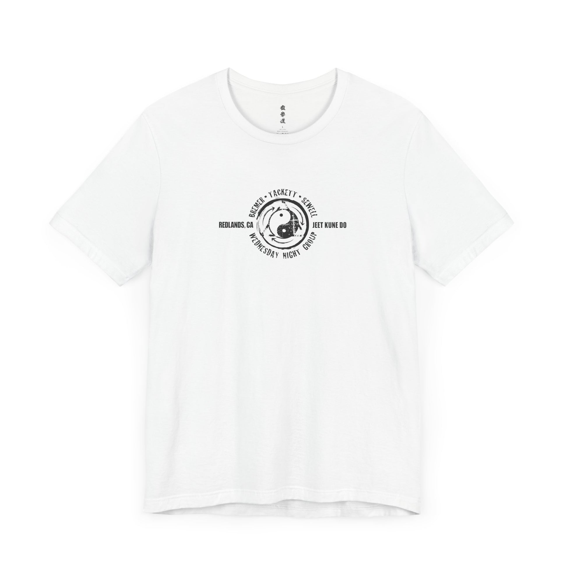 Front view of a white cotton t-shirt, with the JKD Wednesday Night Group logo printed on the chest.