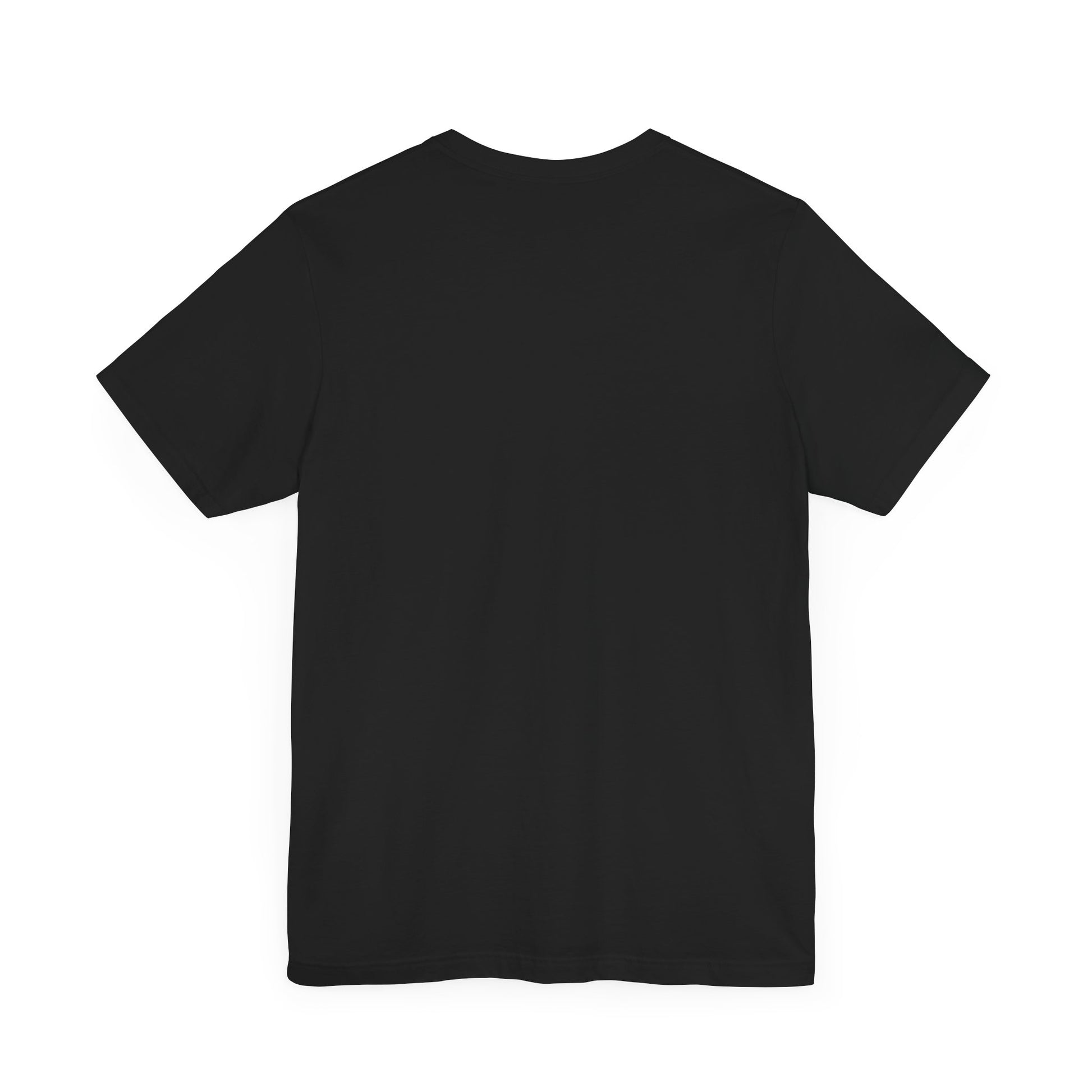 Back view of a black cotton t-shirt.