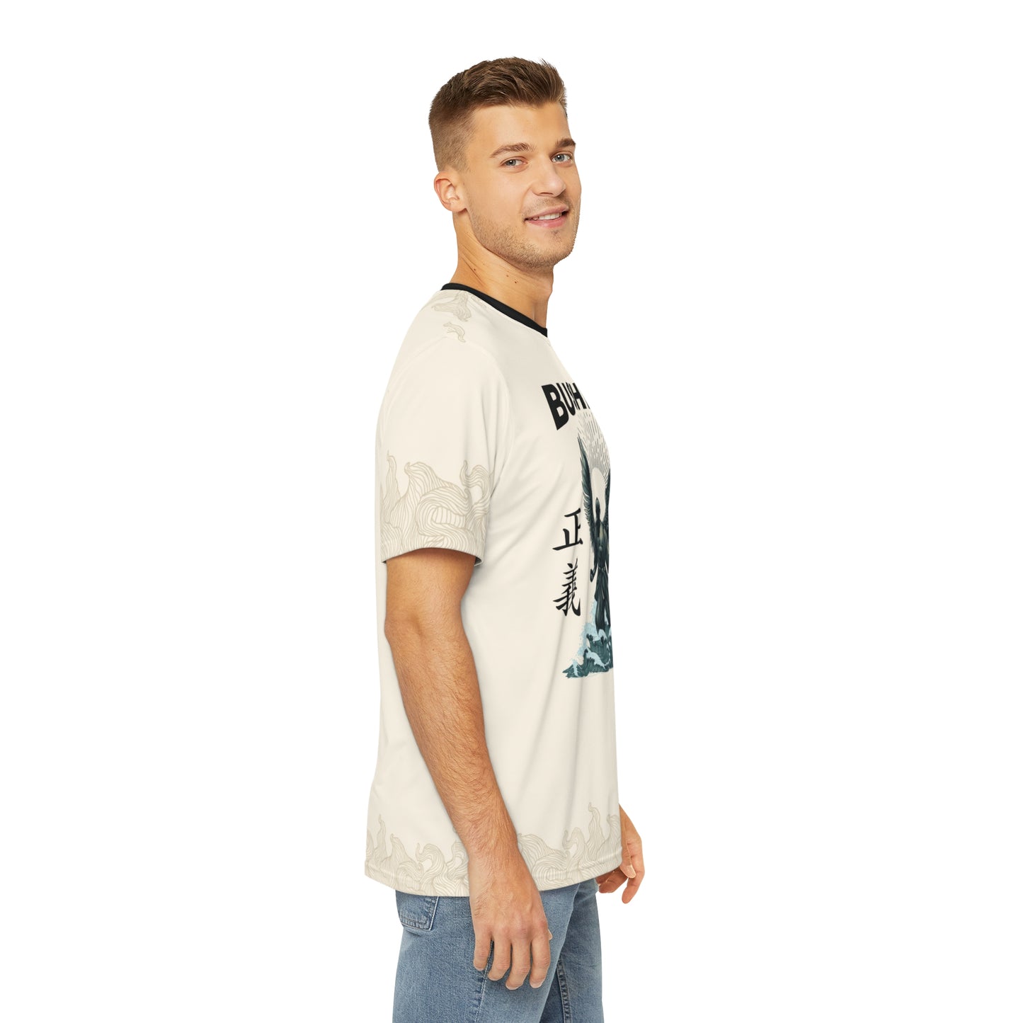 Right side view of a man wearing an off-white polyester t-shirt, with an illustration of a martial artist with angel wings on the front.