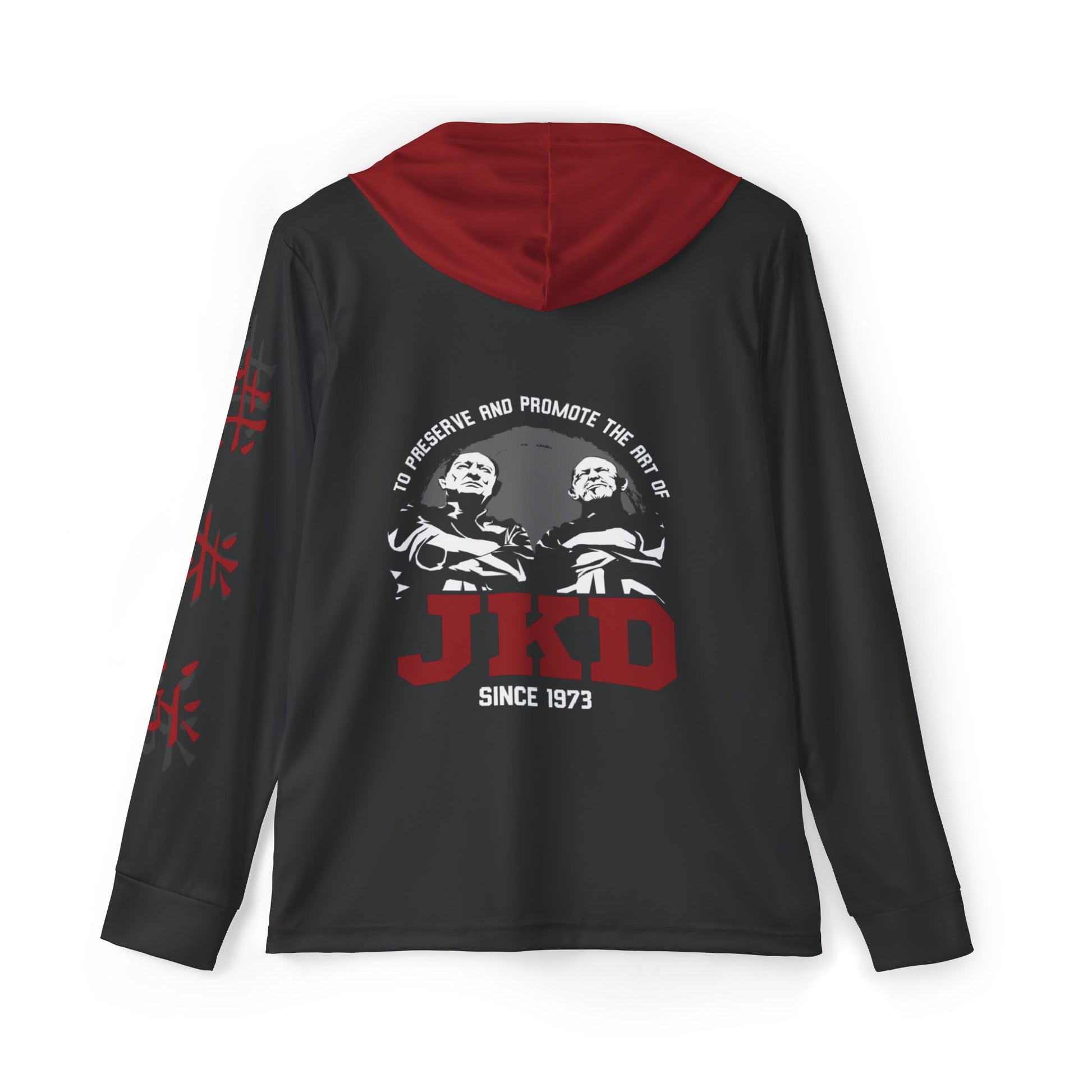 Back view of a black, ultra lightweight hoodie with an image of Tim Tackett and Bob Bremer, two prominent Jeet Kune Do teachers on the back. The text surrounding the image reads "To preserve and promote the art of JKD".