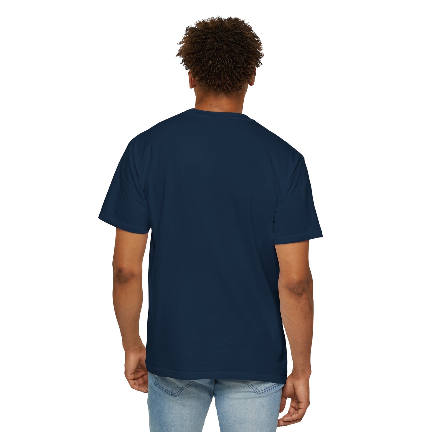 Back view of a man wearing a True Navy colored, relaxed fit cotton t-shirt.