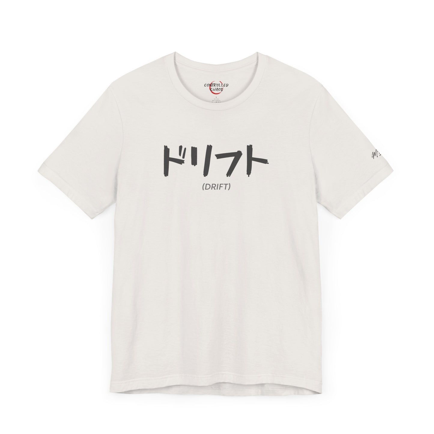 Front view of an off-white t-shirt with text printed on the chest that spells Drift in Japanese.