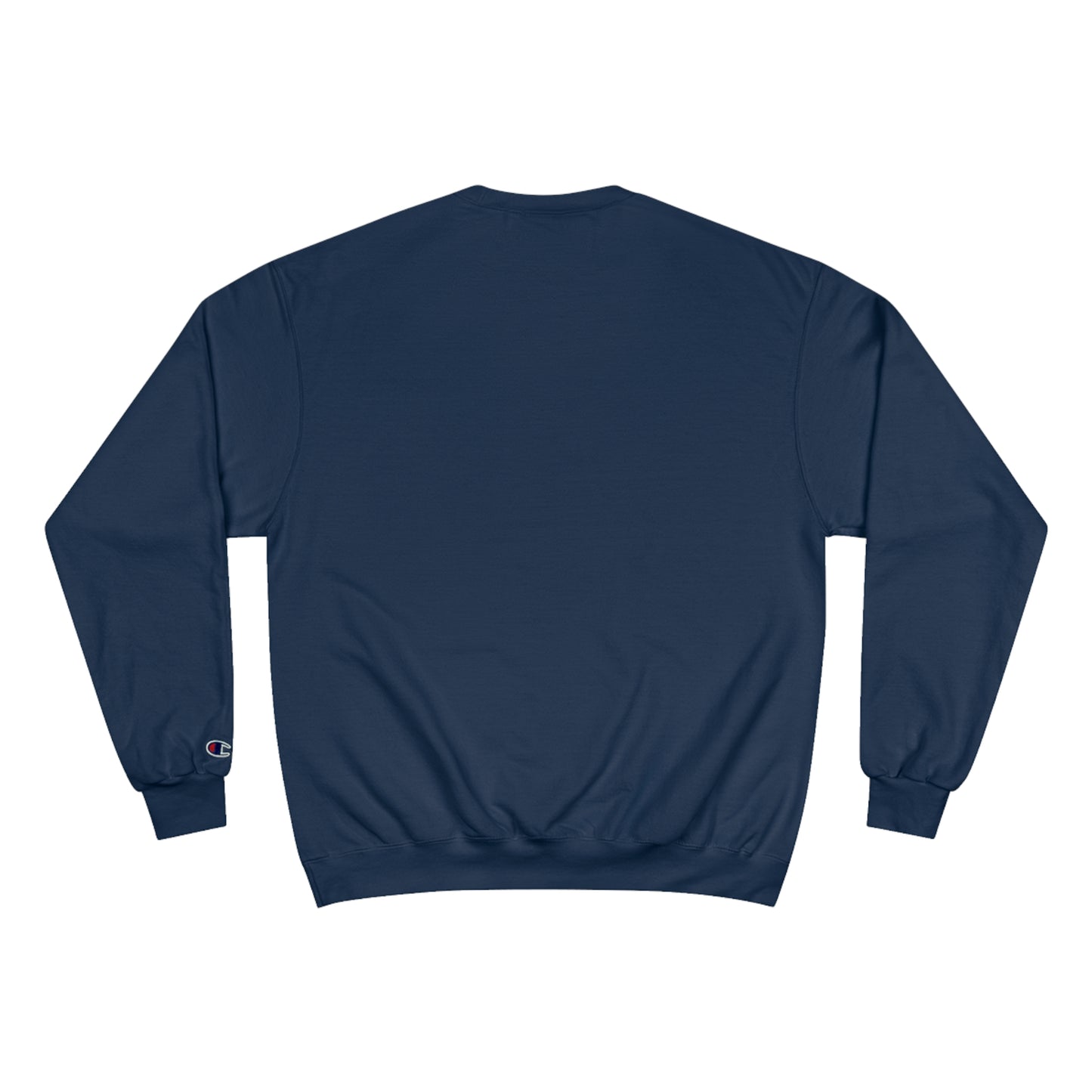 Back view of a navy blue Champion brand sweatshirt.