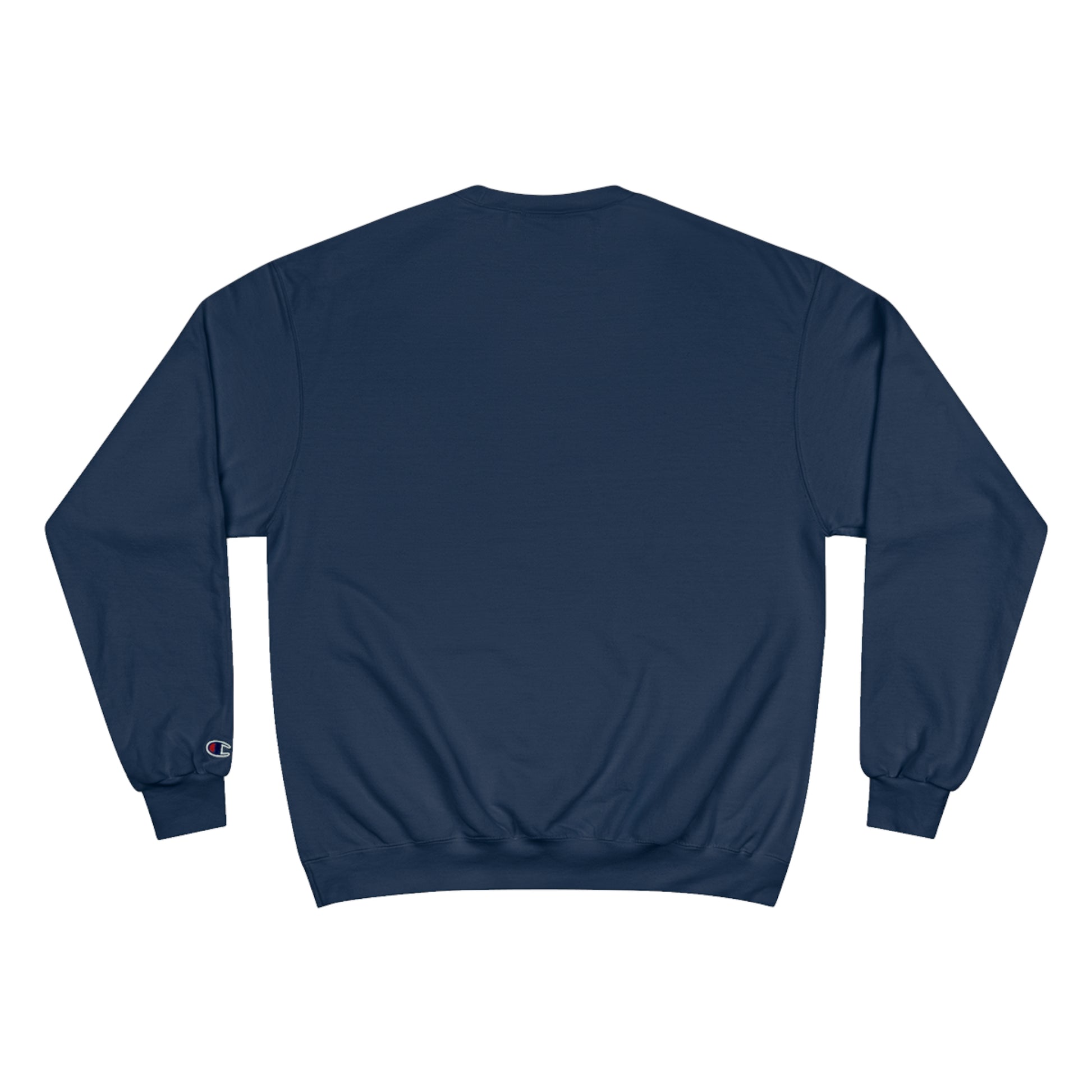 Back view of a navy blue Champion brand sweatshirt.