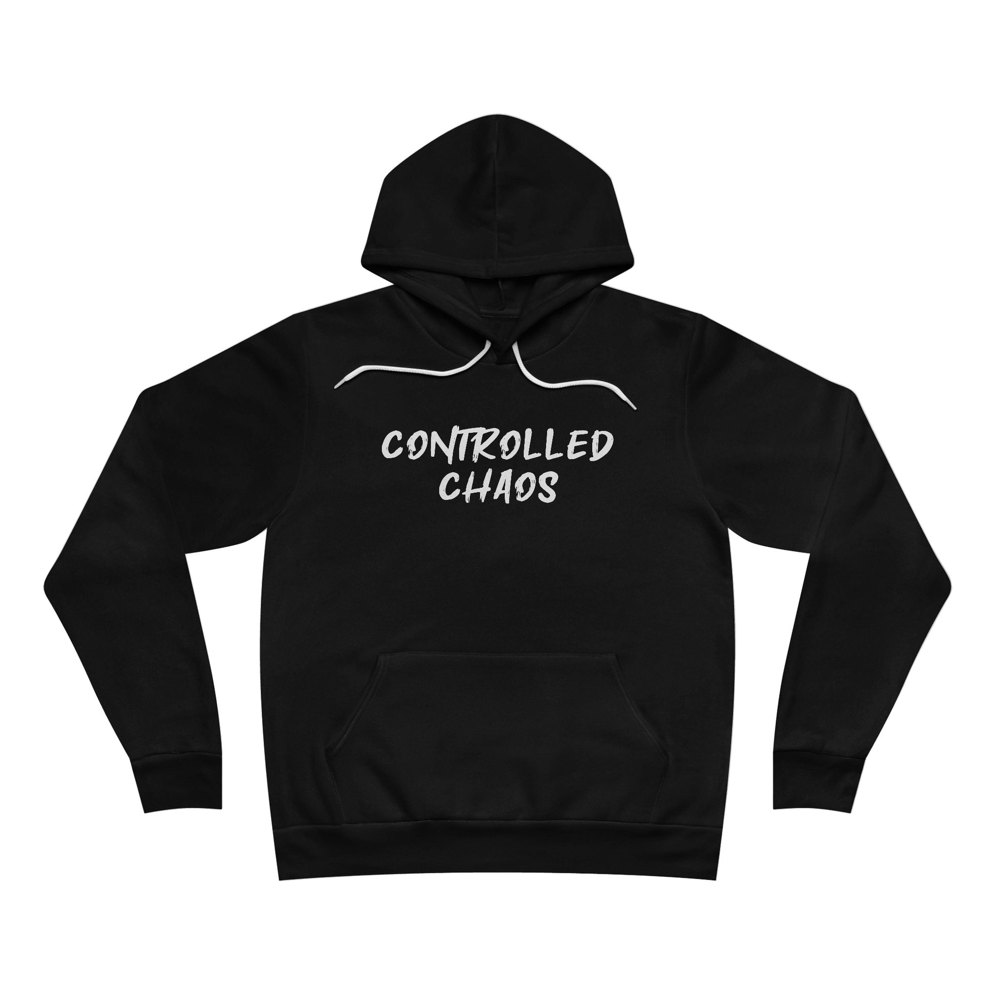 Front view of a black, fleece hoodie with the words "Controlled Chaos" written across the chest.