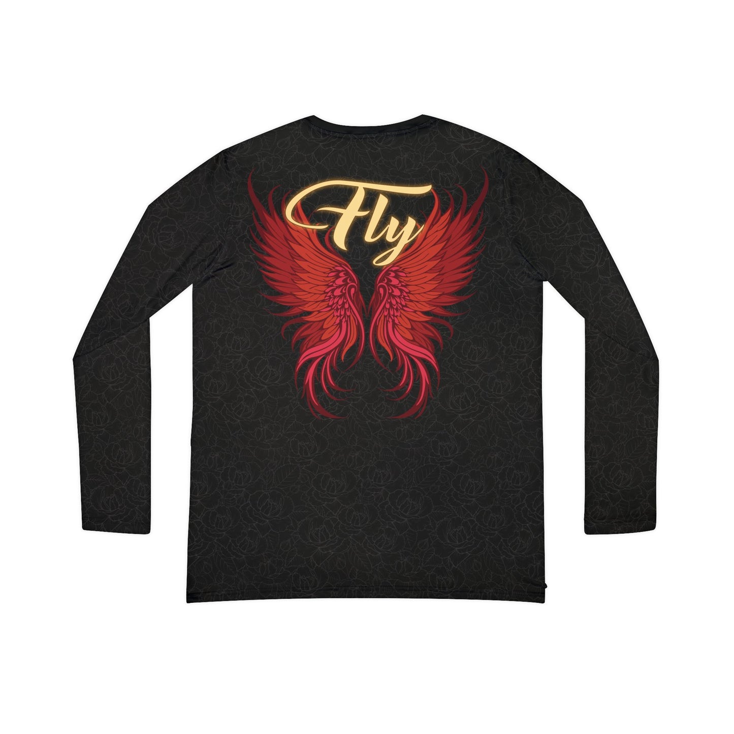 Back view of a black, patterned long sleeve v-neck shirt with angel wings printed on the upper back. Above the wings is cursive text that reads "Fly".