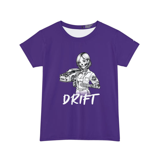 Women's purple, polyester blend t-shirt, with a design of a female skeleton dressed as a mechanic. The mechanic is standing next to her car with the word "Drift" written underneath.